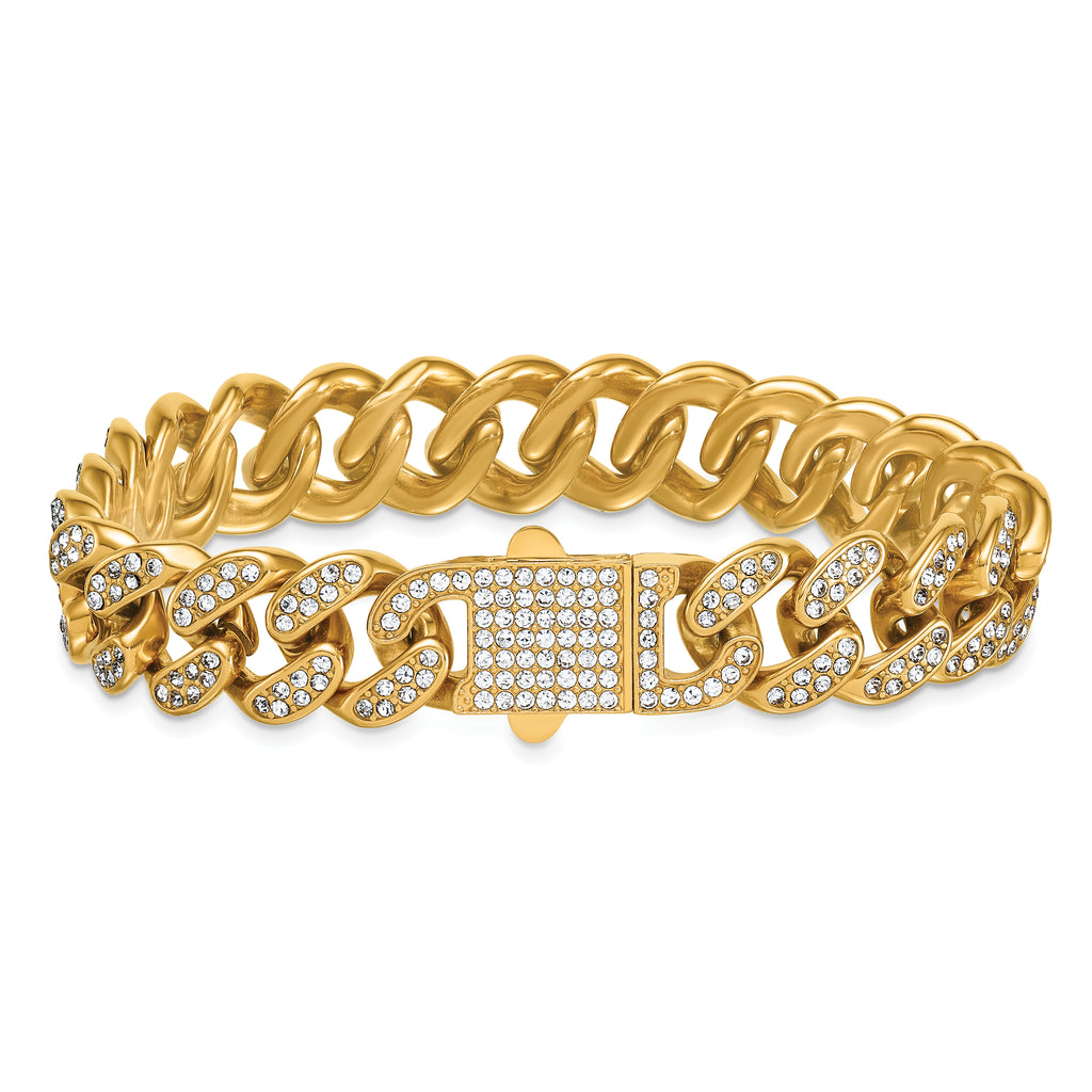 Gold-Tone Polished Crystal Stainless Steel Curb Chain Bracelet 15mm