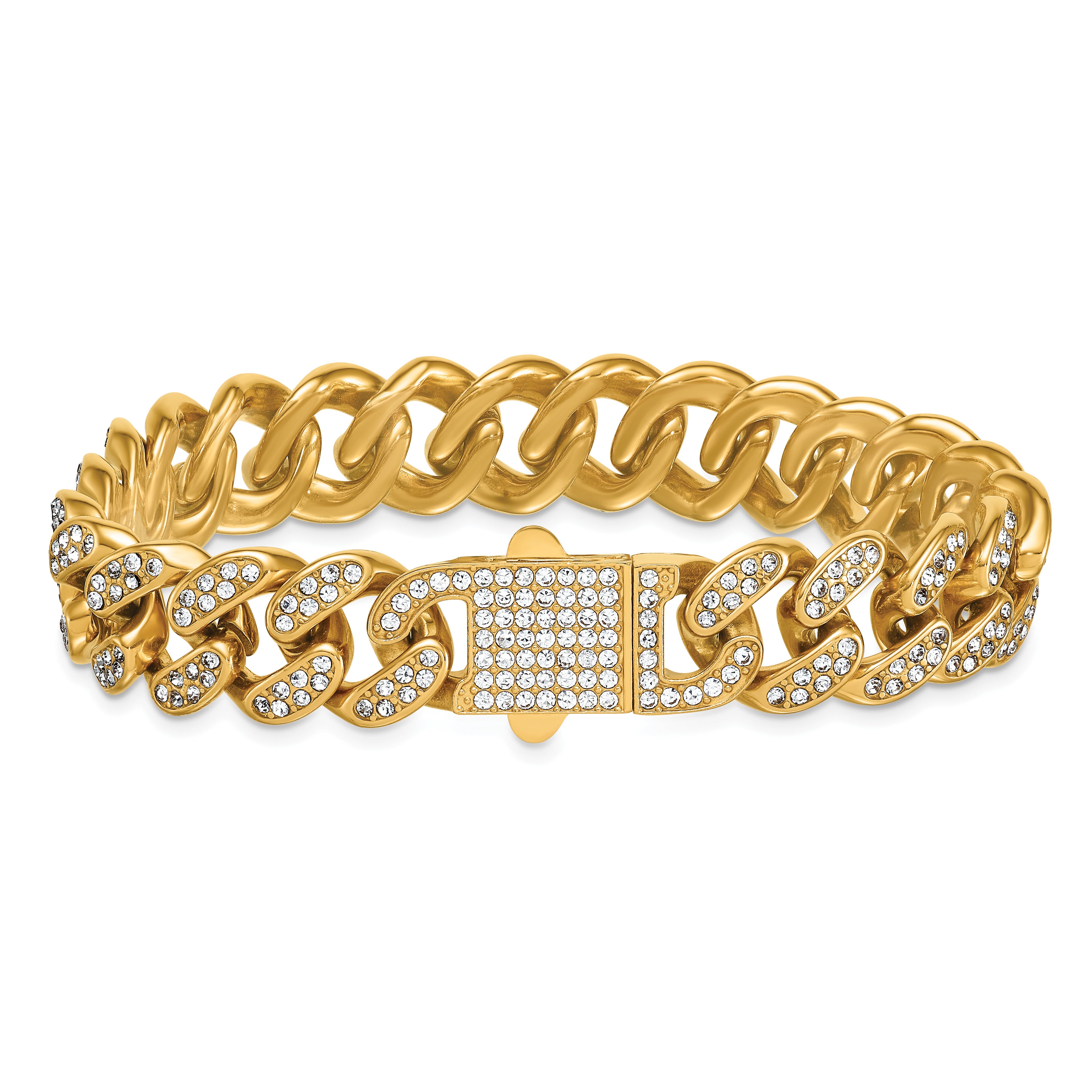 Gold-Tone Polished Crystal Stainless Steel Curb Chain Bracelet 15mm