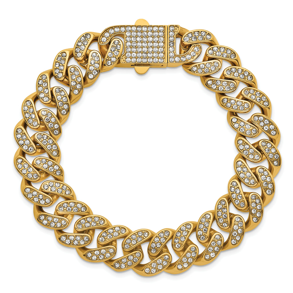 Gold-Tone Polished Crystal Stainless Steel Curb Chain Bracelet 15mm