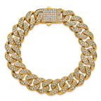 Gold-Tone Polished Crystal Stainless Steel Curb Chain Bracelet 15mm