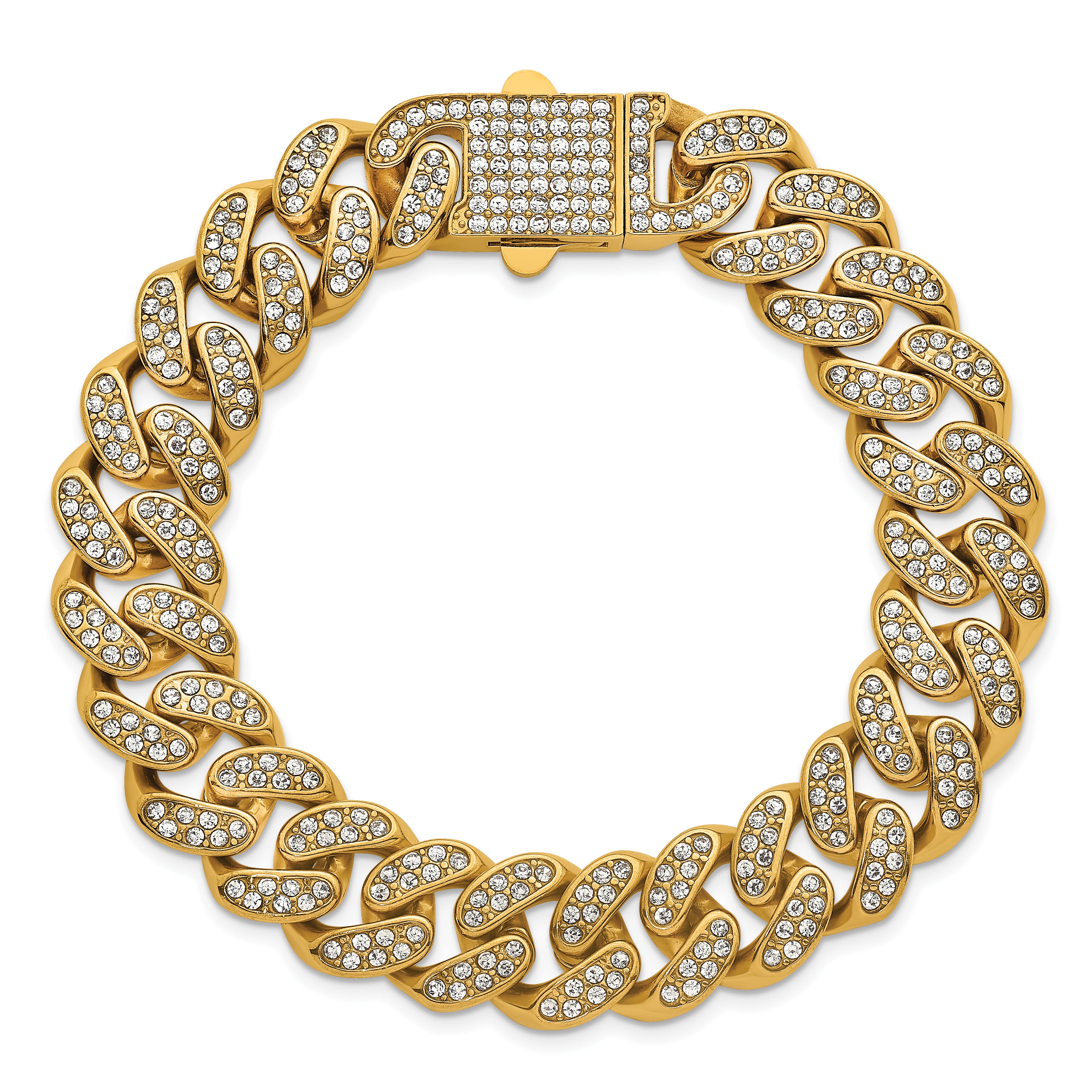 Gold-Tone Polished Crystal Stainless Steel Curb Chain Bracelet 15mm