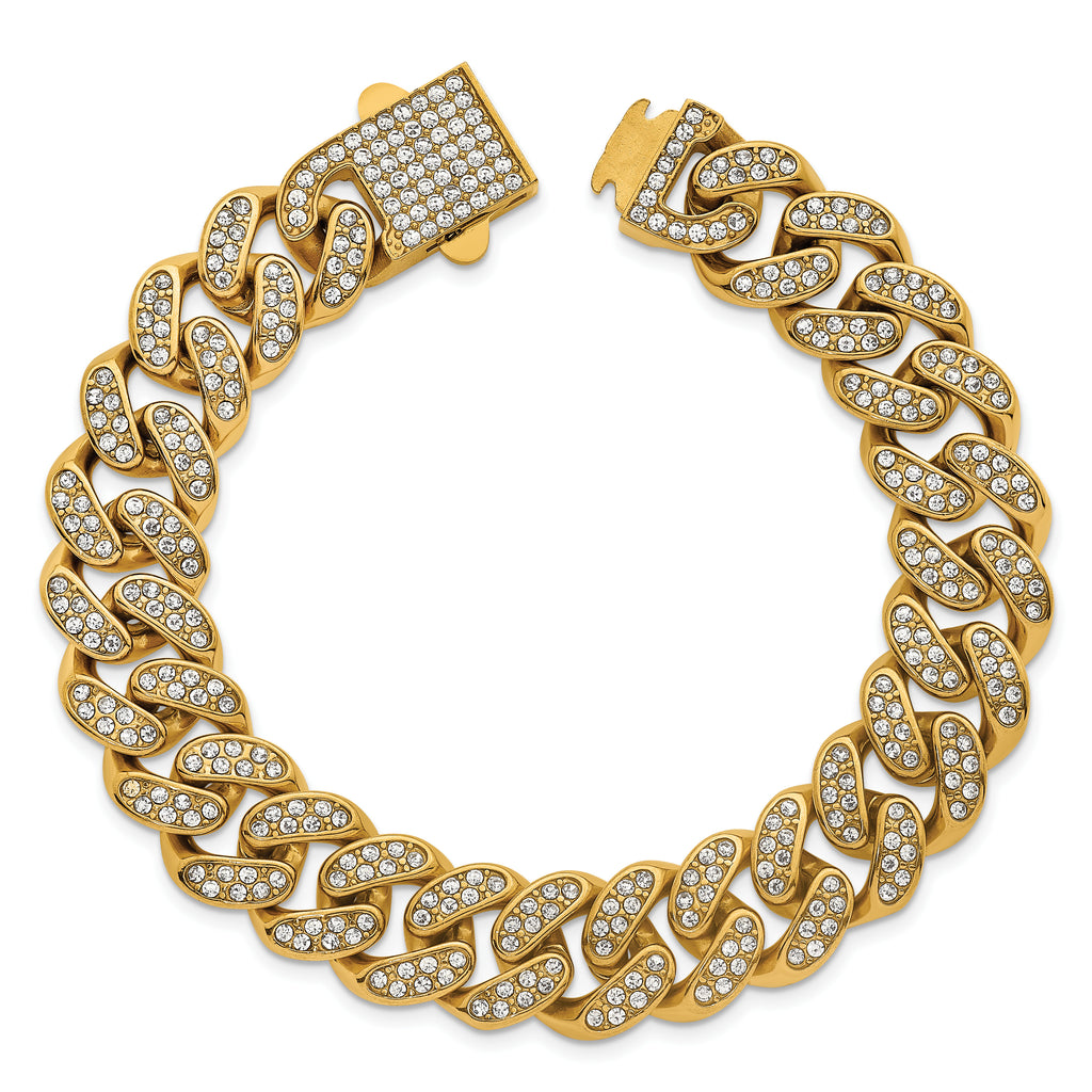 Gold-Tone Polished Crystal Stainless Steel Curb Chain Bracelet 15mm
