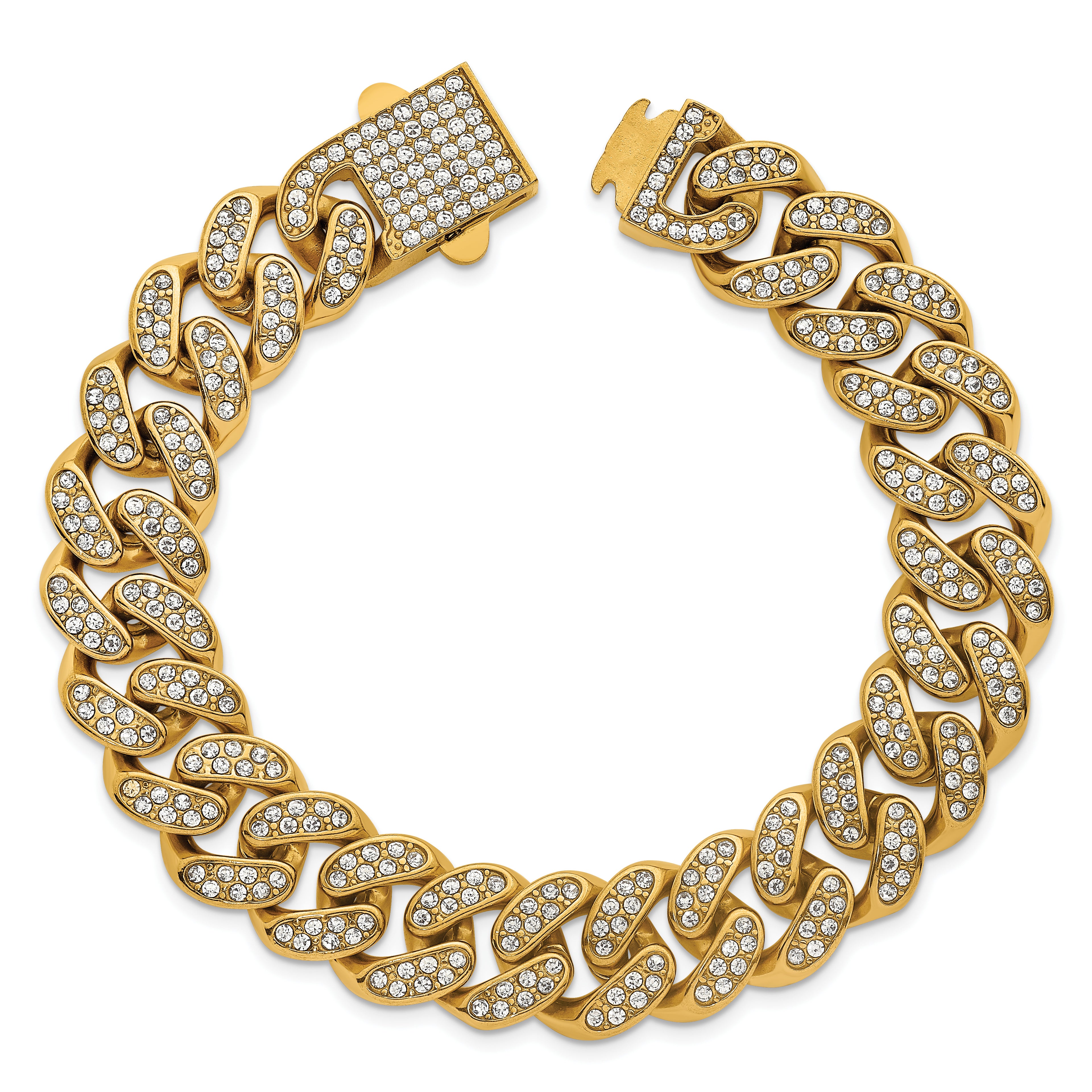 Gold-Tone Polished Crystal Stainless Steel Curb Chain Bracelet 15mm