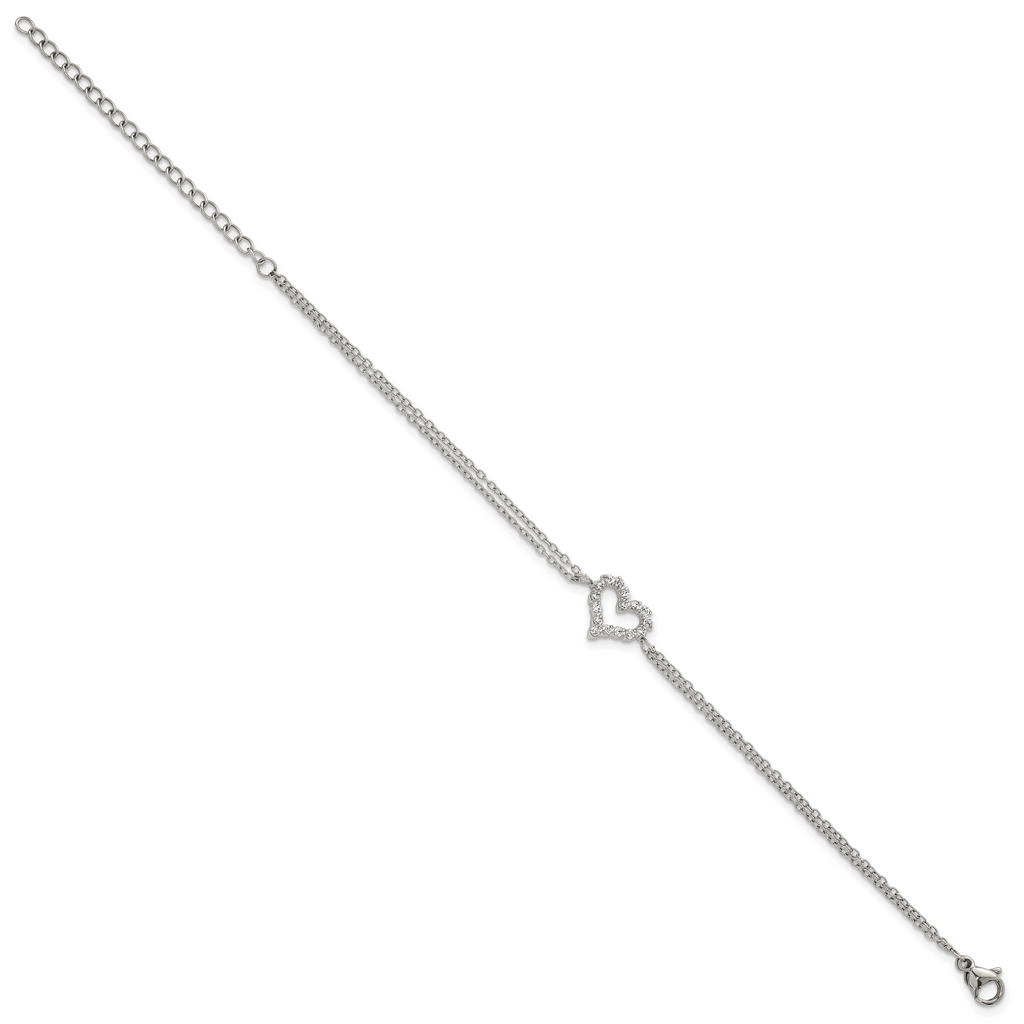 Polished Cubic Zirconia Heart Stainless Steel Bracelet 17.05mm