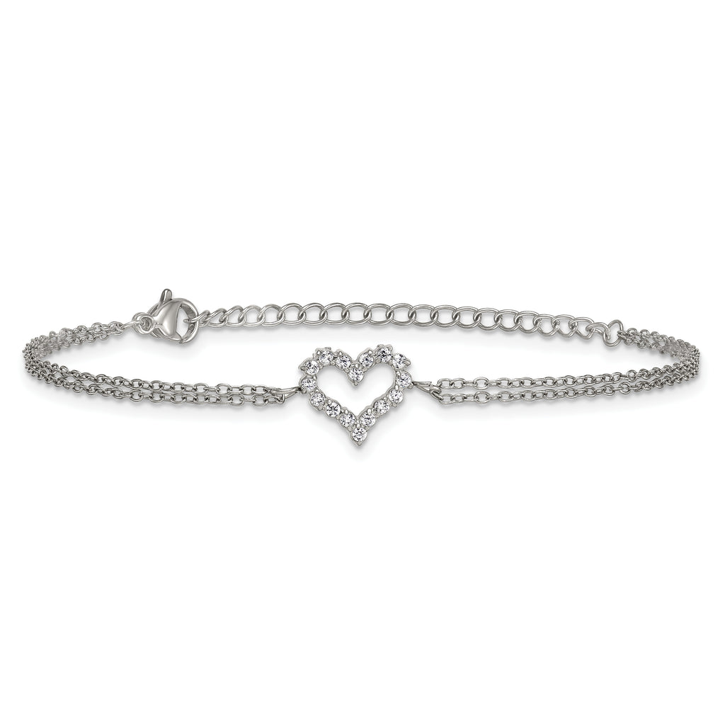 Polished Cubic Zirconia Heart Stainless Steel Bracelet 17.05mm