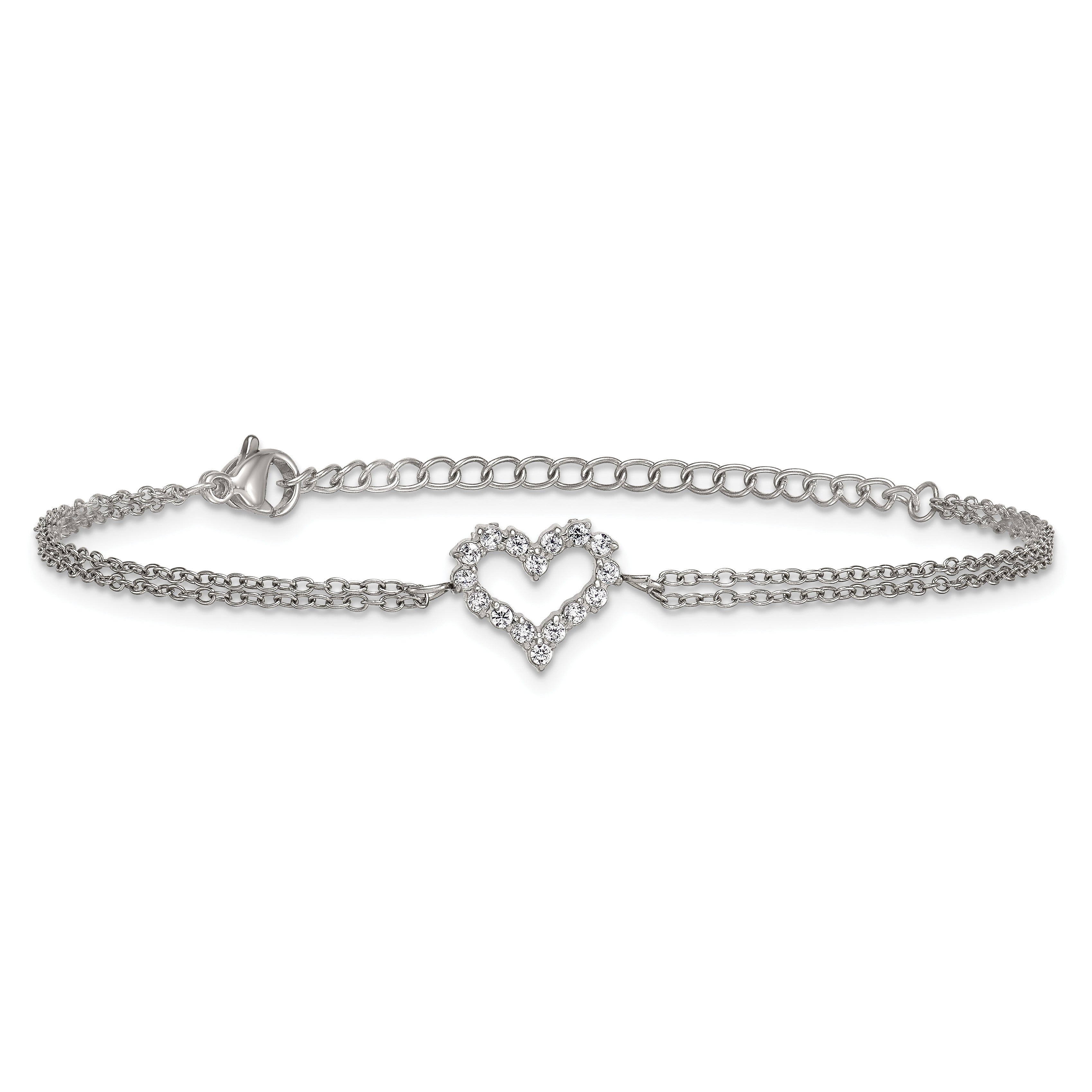 Polished Cubic Zirconia Heart Stainless Steel Bracelet 17.05mm