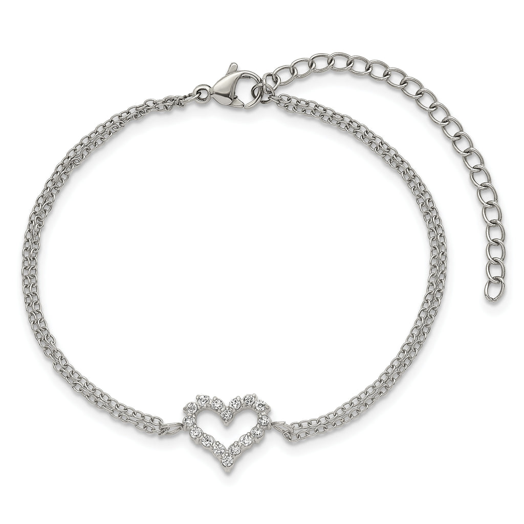 Polished Cubic Zirconia Heart Stainless Steel Bracelet 17.05mm