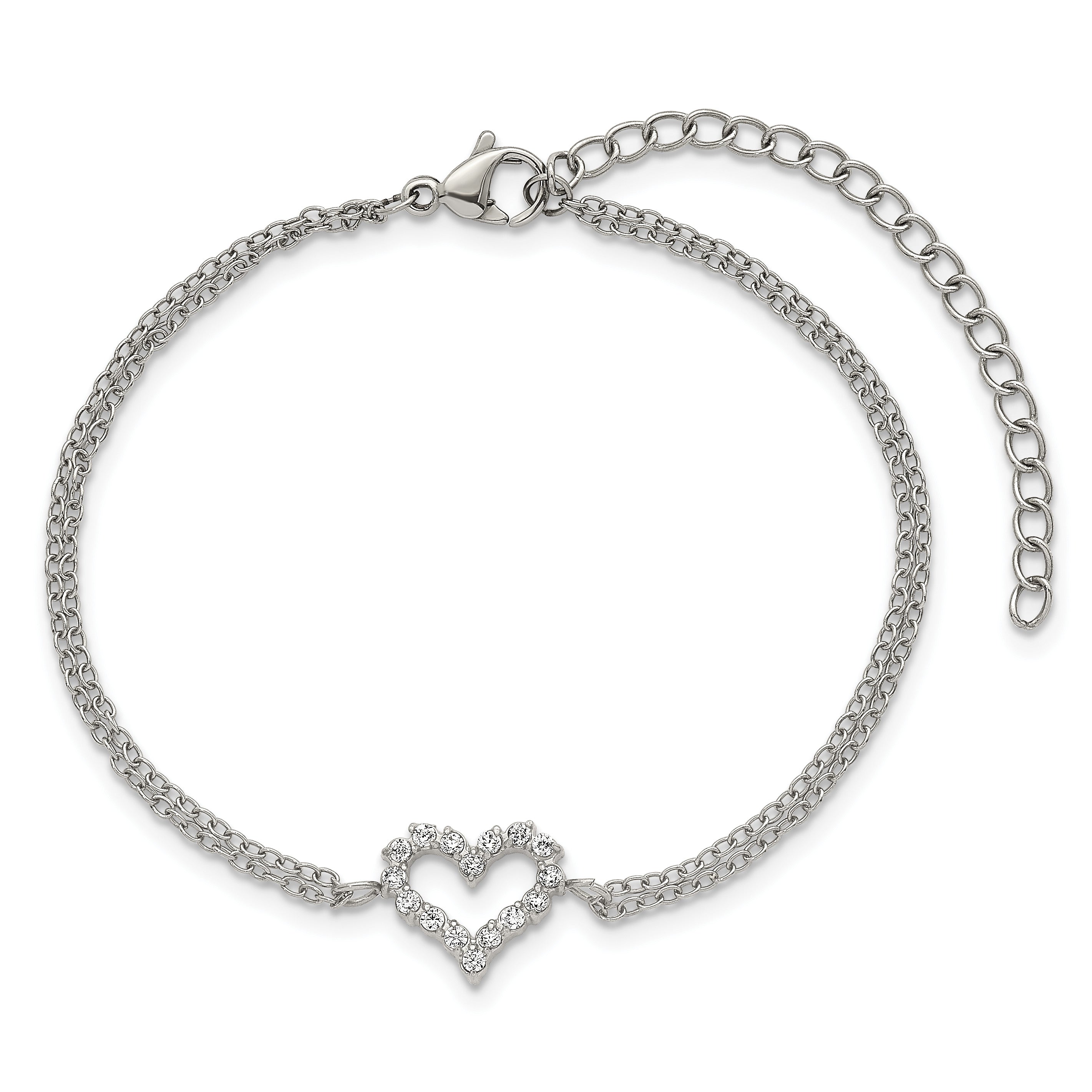 Polished Cubic Zirconia Heart Stainless Steel Bracelet 17.05mm