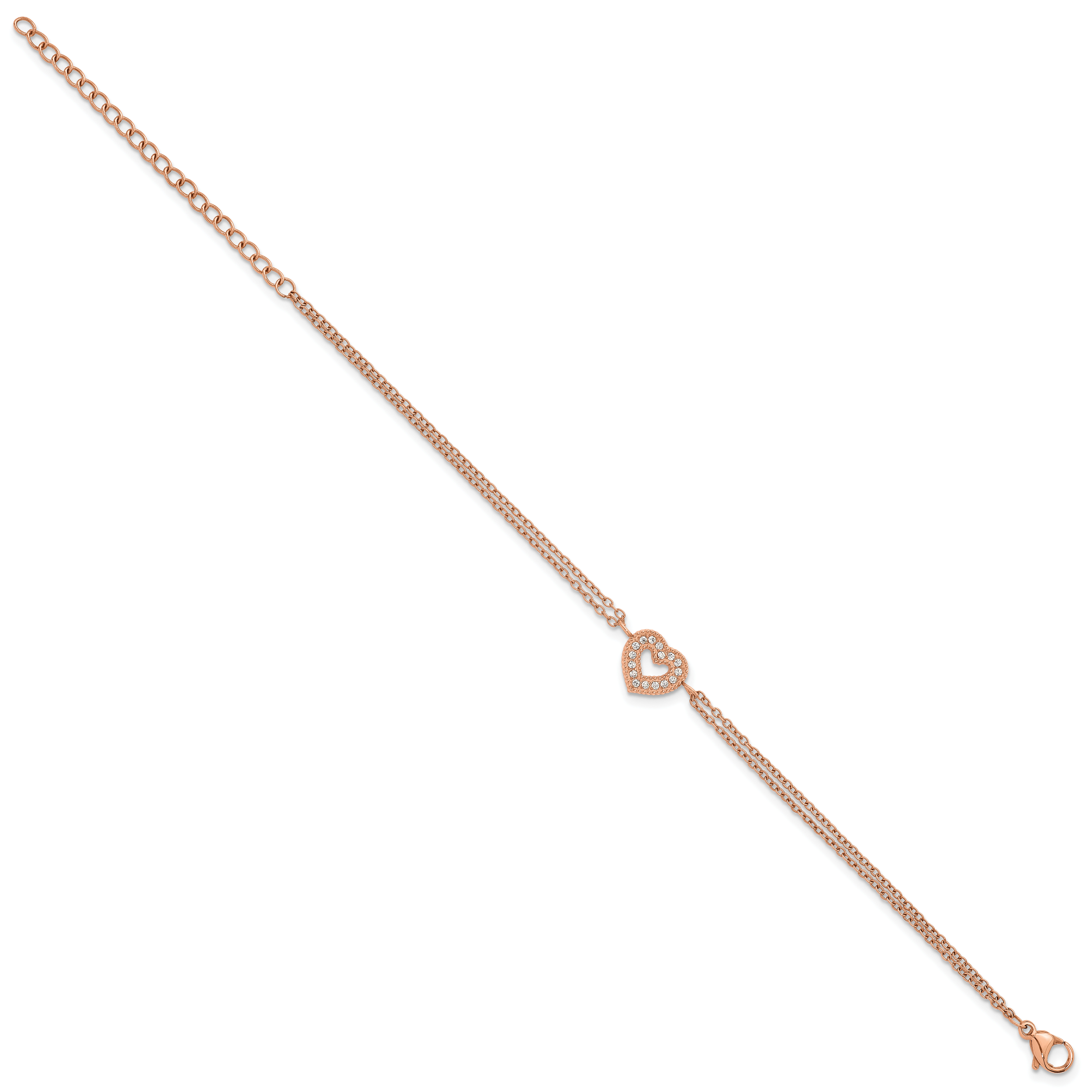 Rose-Tone Polished Cubic Zirconia Heart Stainless Steel Bracelet 15.65mm