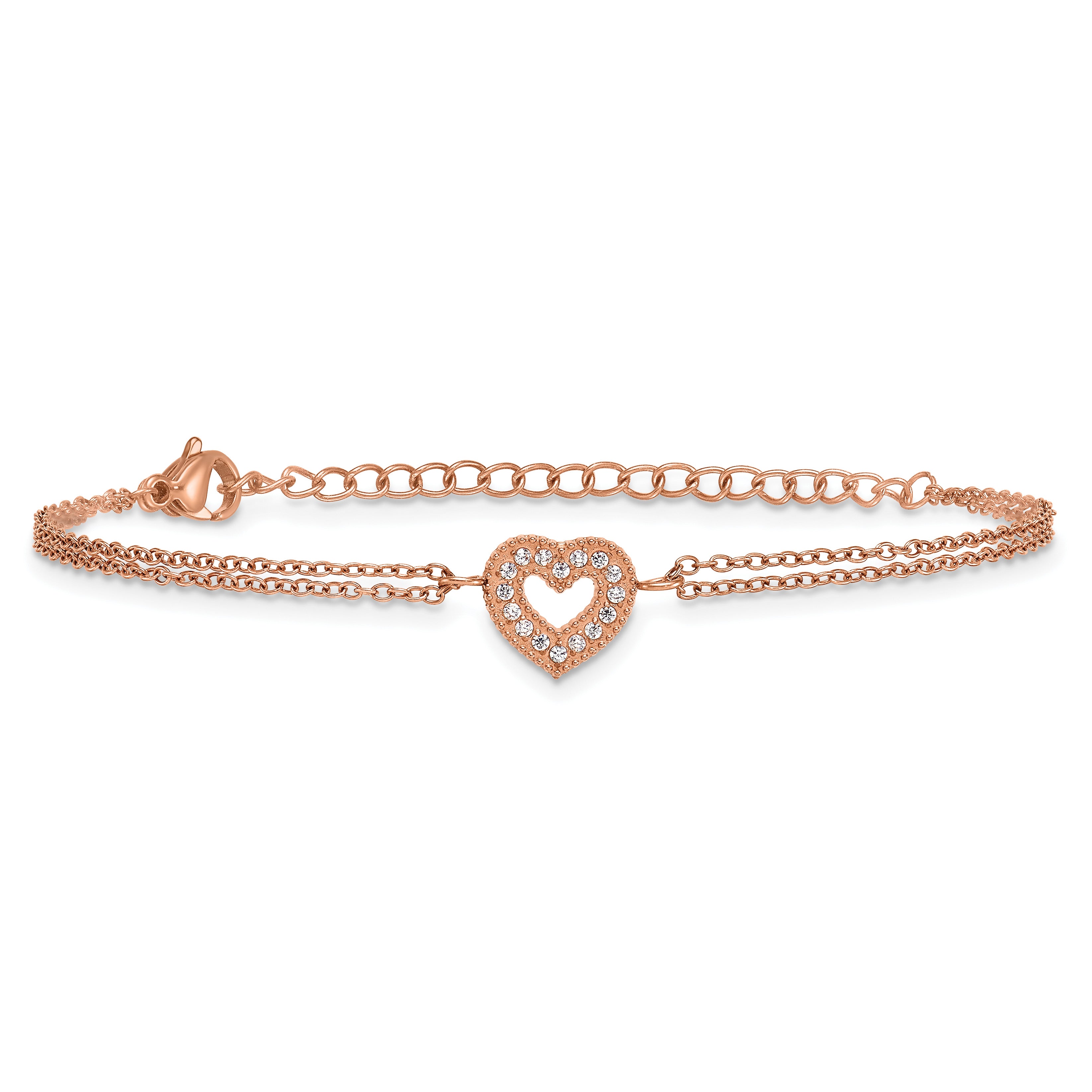 Rose-Tone Polished Cubic Zirconia Heart Stainless Steel Bracelet 15.65mm
