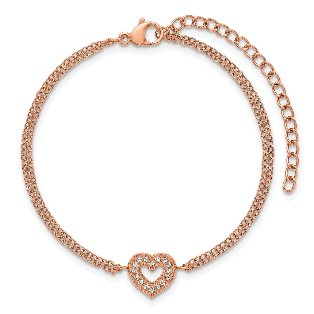 Rose-Tone Polished Cubic Zirconia Heart Stainless Steel Bracelet 15.65mm