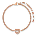 Rose-Tone Polished Cubic Zirconia Heart Stainless Steel Bracelet 15.65mm