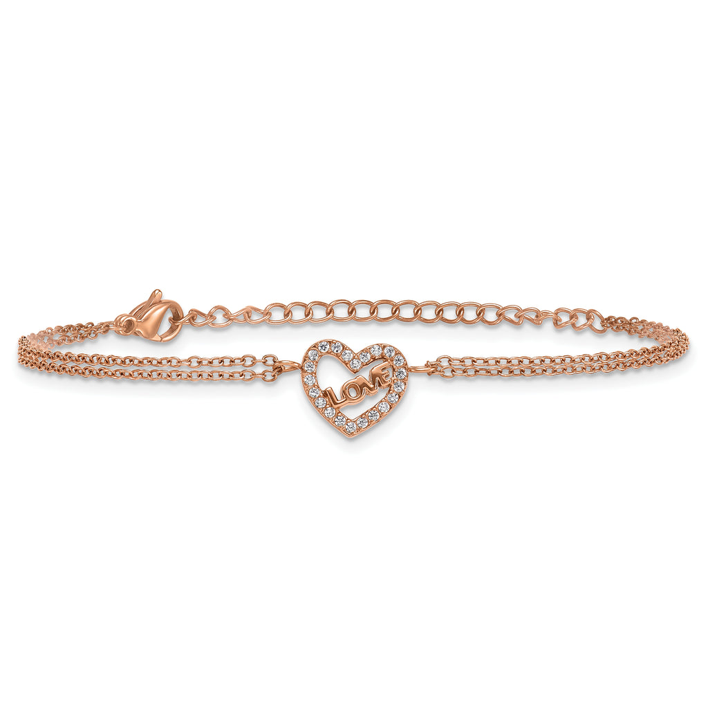 Rose-Tone Polished Cubic Zirconia LOVE Stainless Steel Bracelet 16.7mm