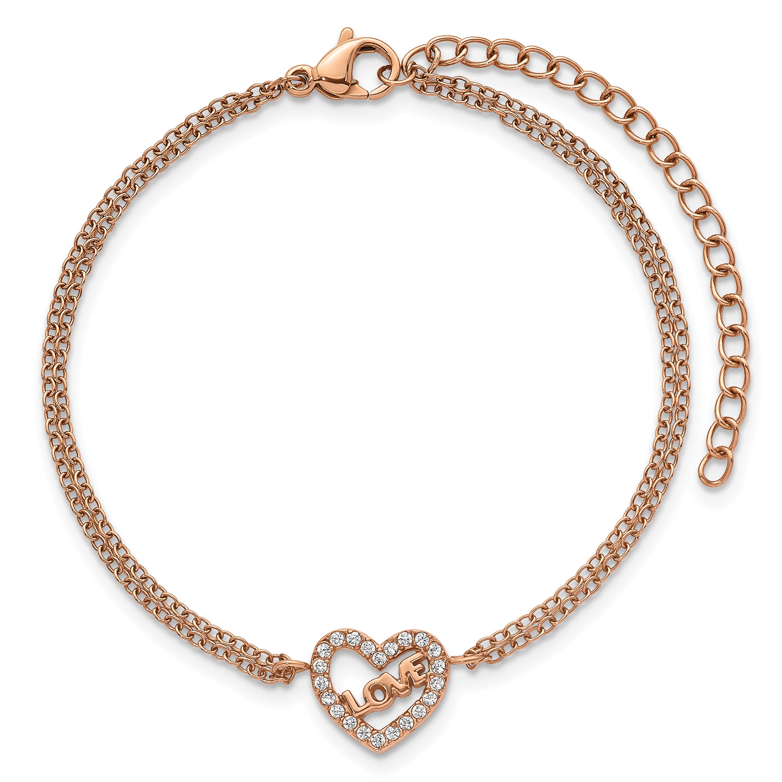 Rose-Tone Polished Cubic Zirconia LOVE Stainless Steel Bracelet 16.7mm