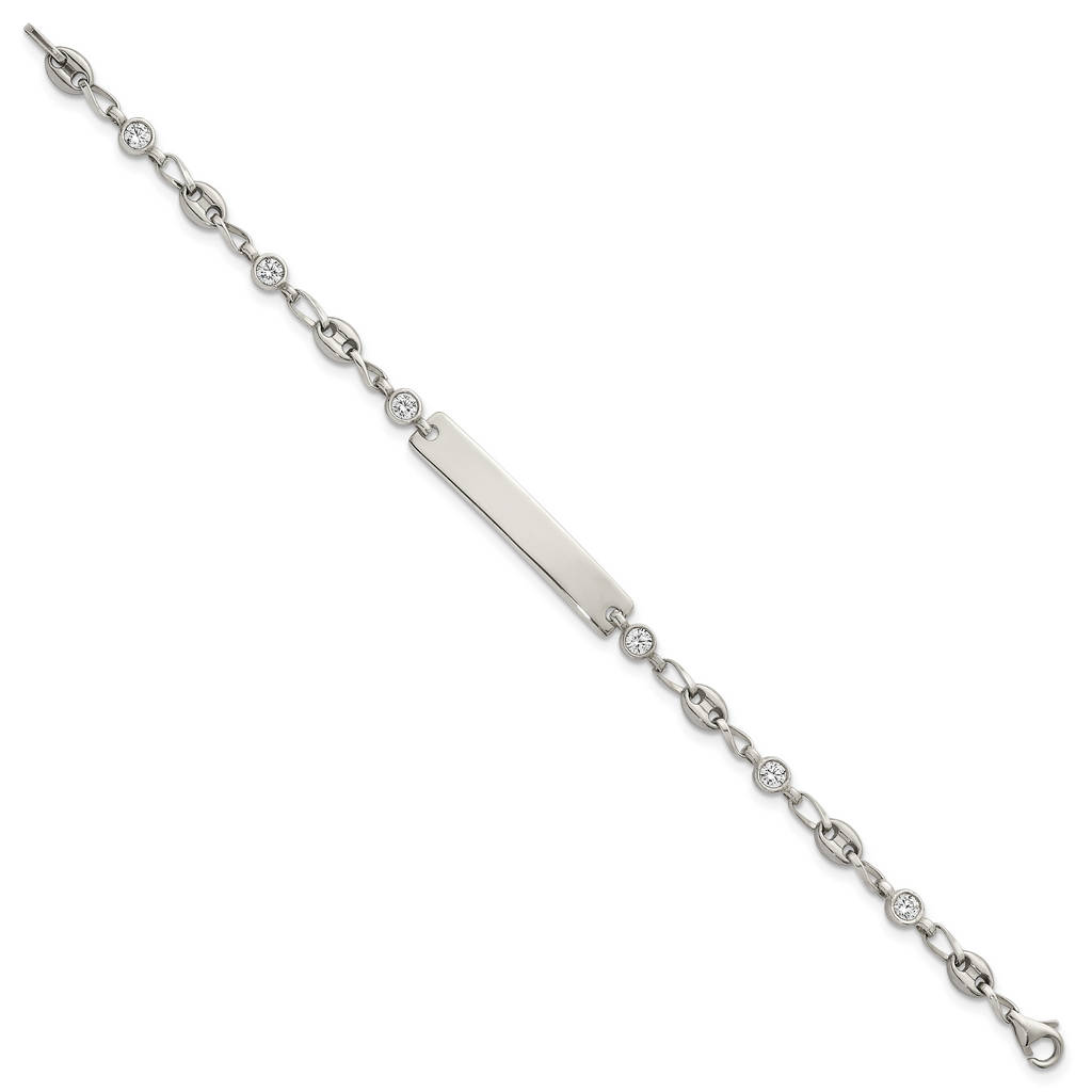 Polished Cubic Zirconia Anchor Stainless Steel ID Bracelet 4.35mm