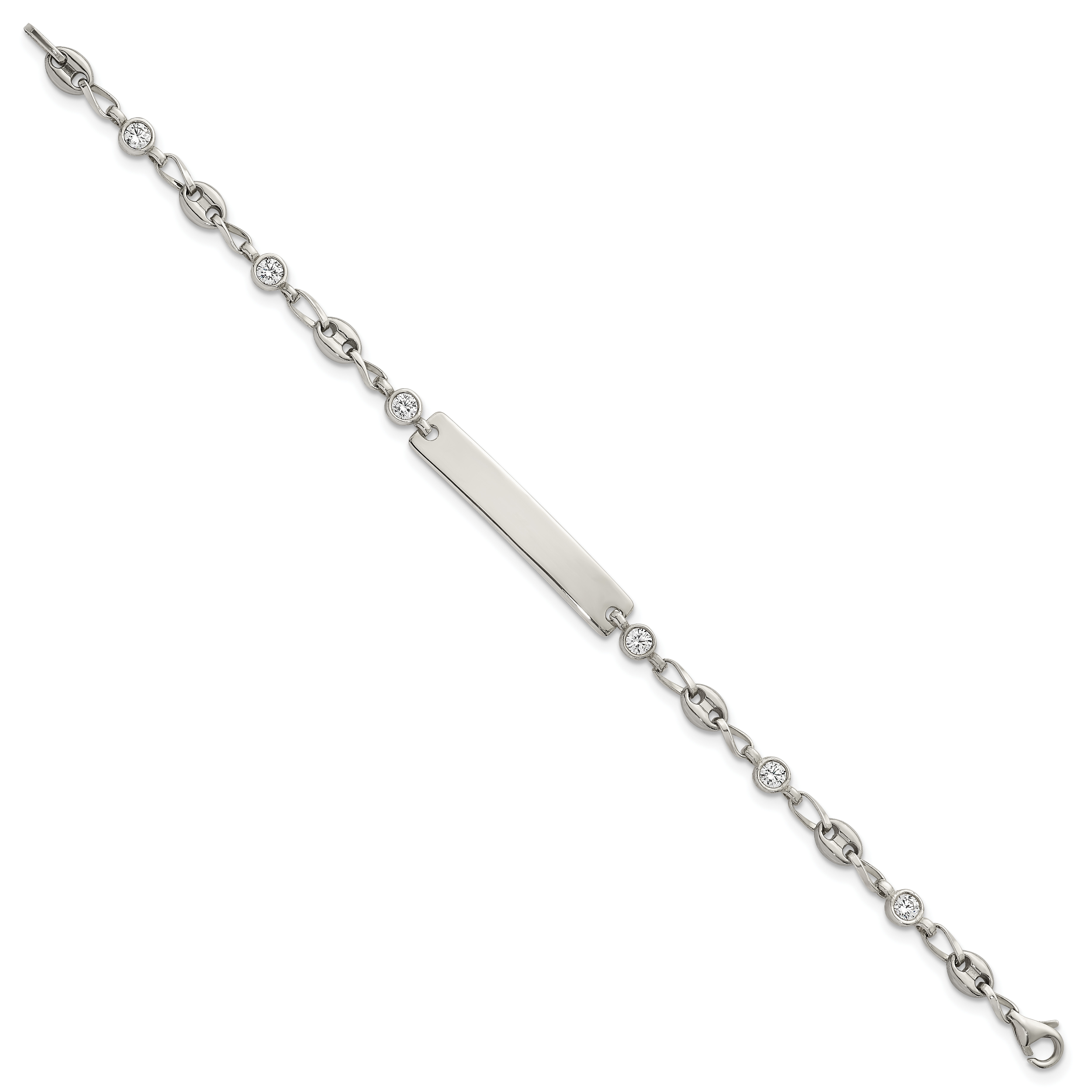Polished Cubic Zirconia Anchor Stainless Steel ID Bracelet 4.35mm