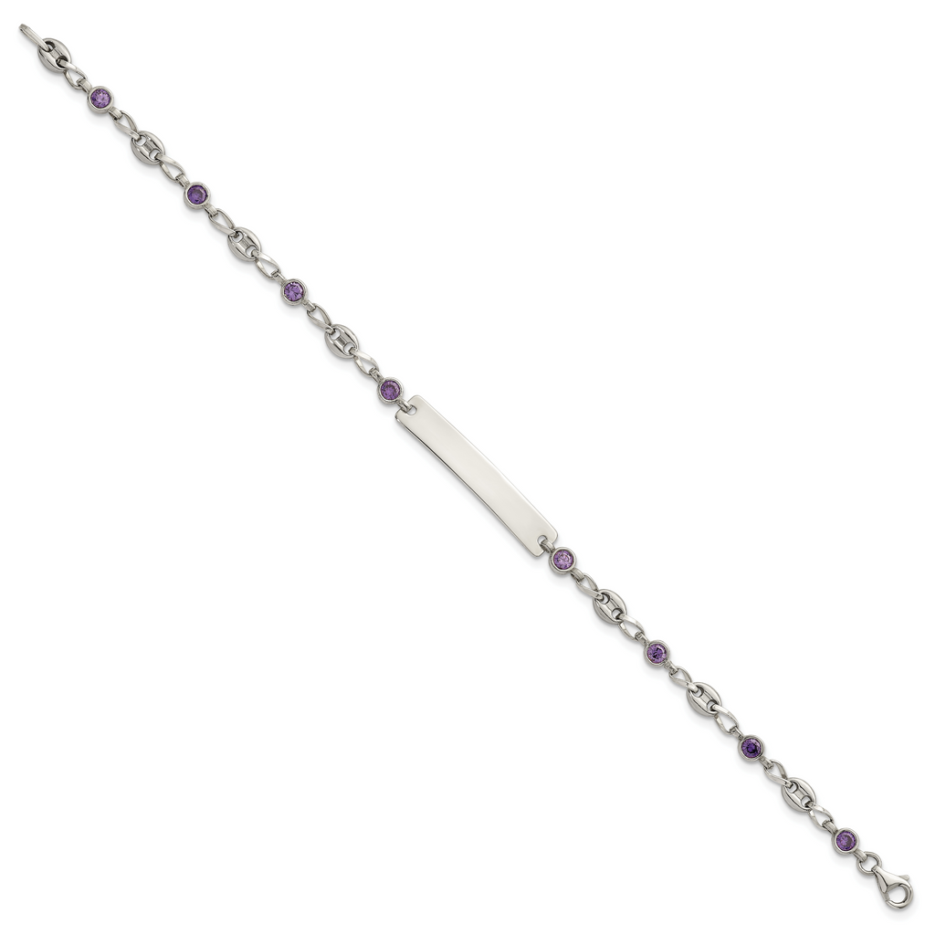 Polished Purple Cubic Zirconia Anchor Stainless Steel ID Bracelet 4.35mm