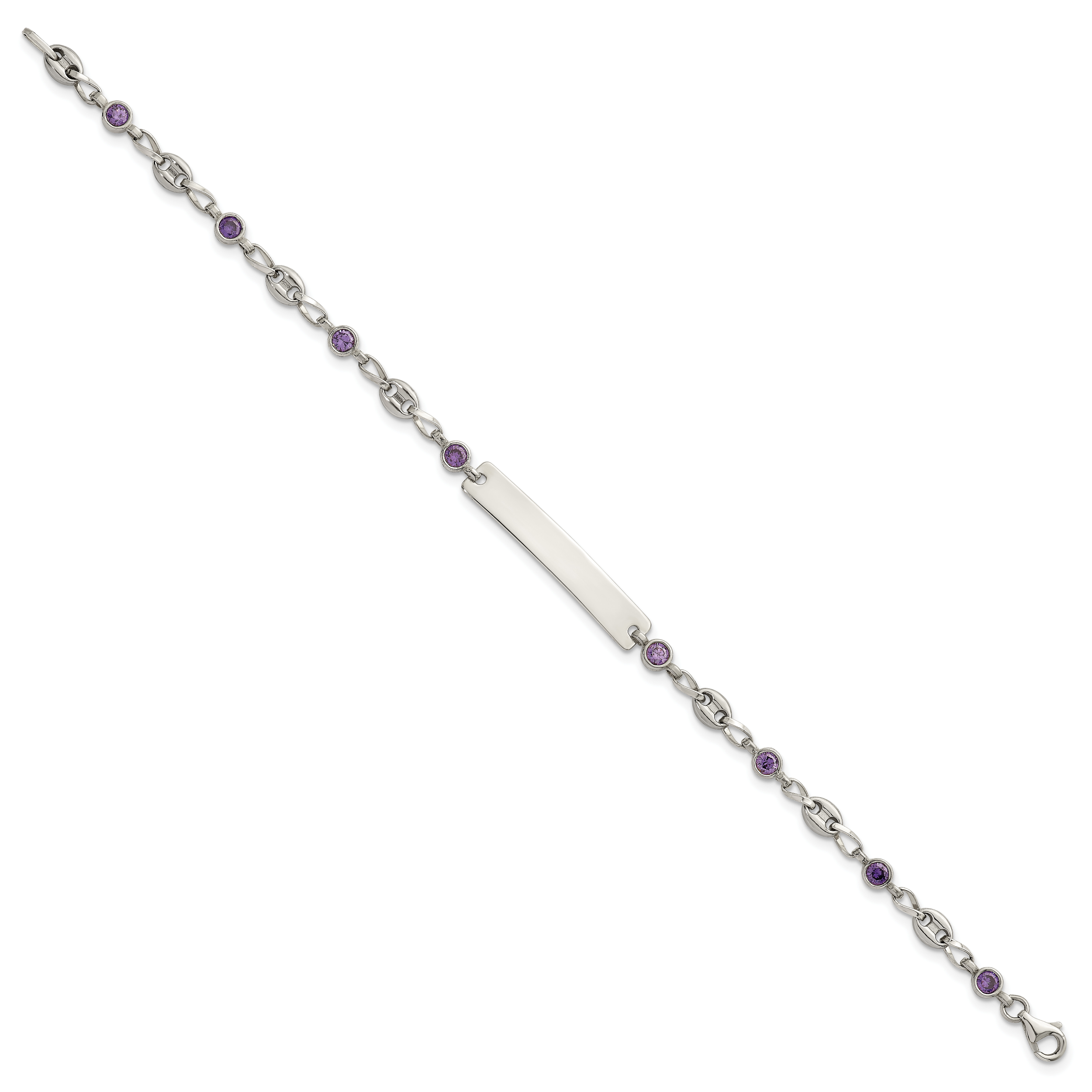 Polished Purple Cubic Zirconia Anchor Stainless Steel ID Bracelet 4.35mm