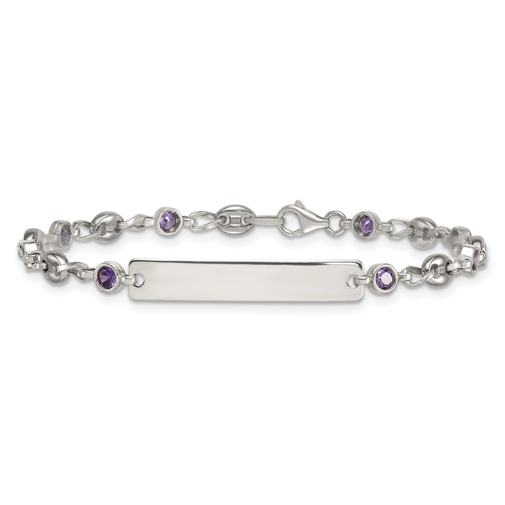 Polished Purple Cubic Zirconia Anchor Stainless Steel ID Bracelet 4.35mm