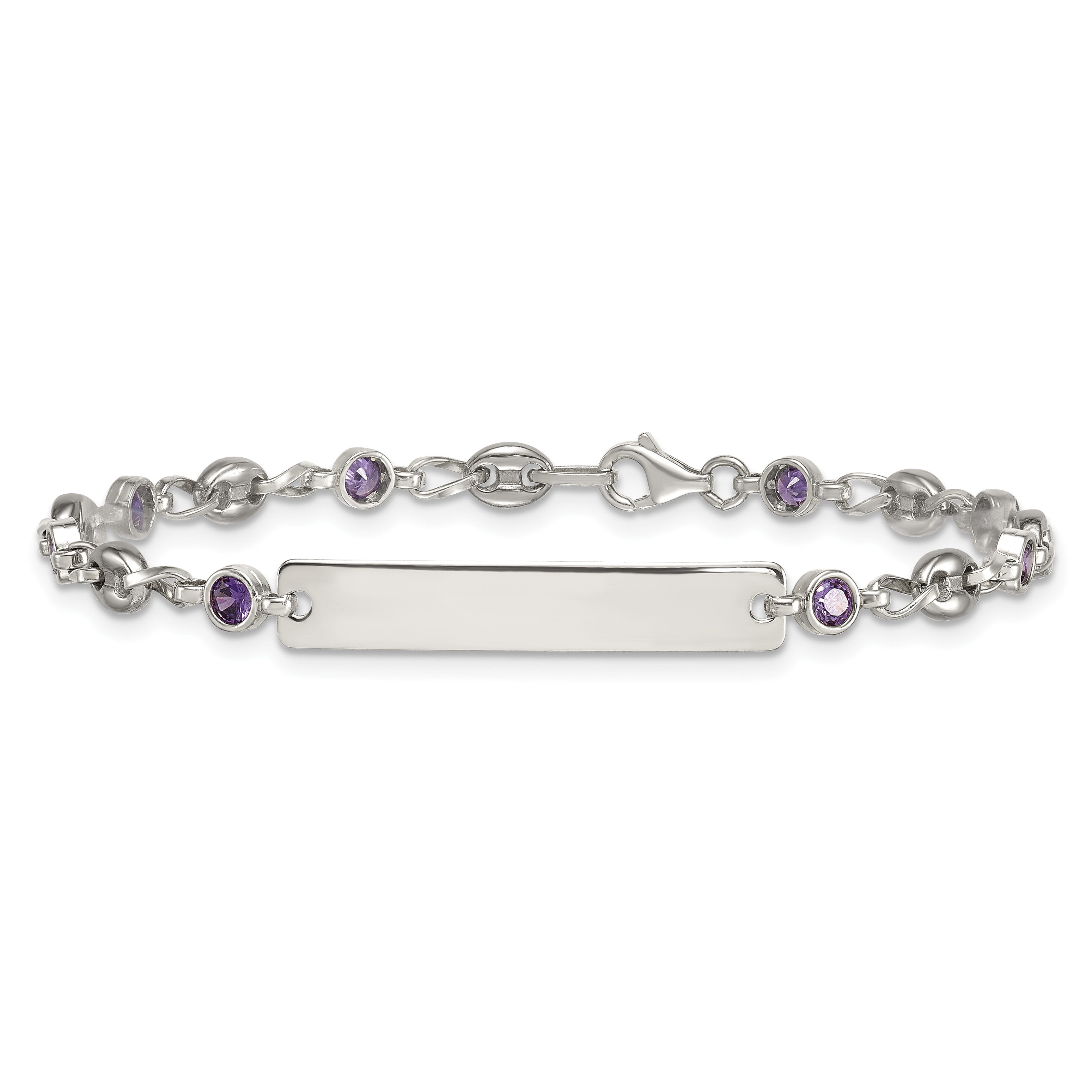 Polished Purple Cubic Zirconia Anchor Stainless Steel ID Bracelet 4.35mm