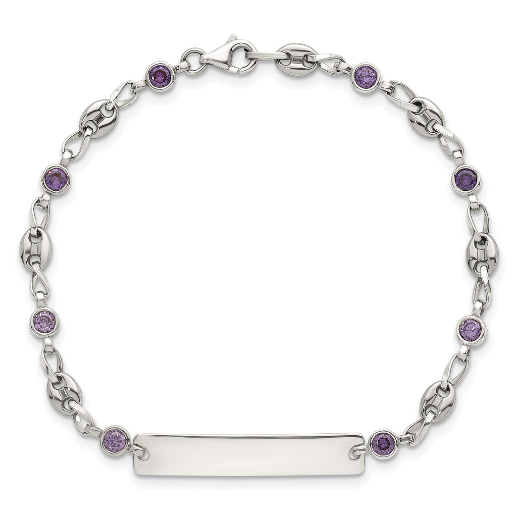 Polished Purple Cubic Zirconia Anchor Stainless Steel ID Bracelet 4.35mm