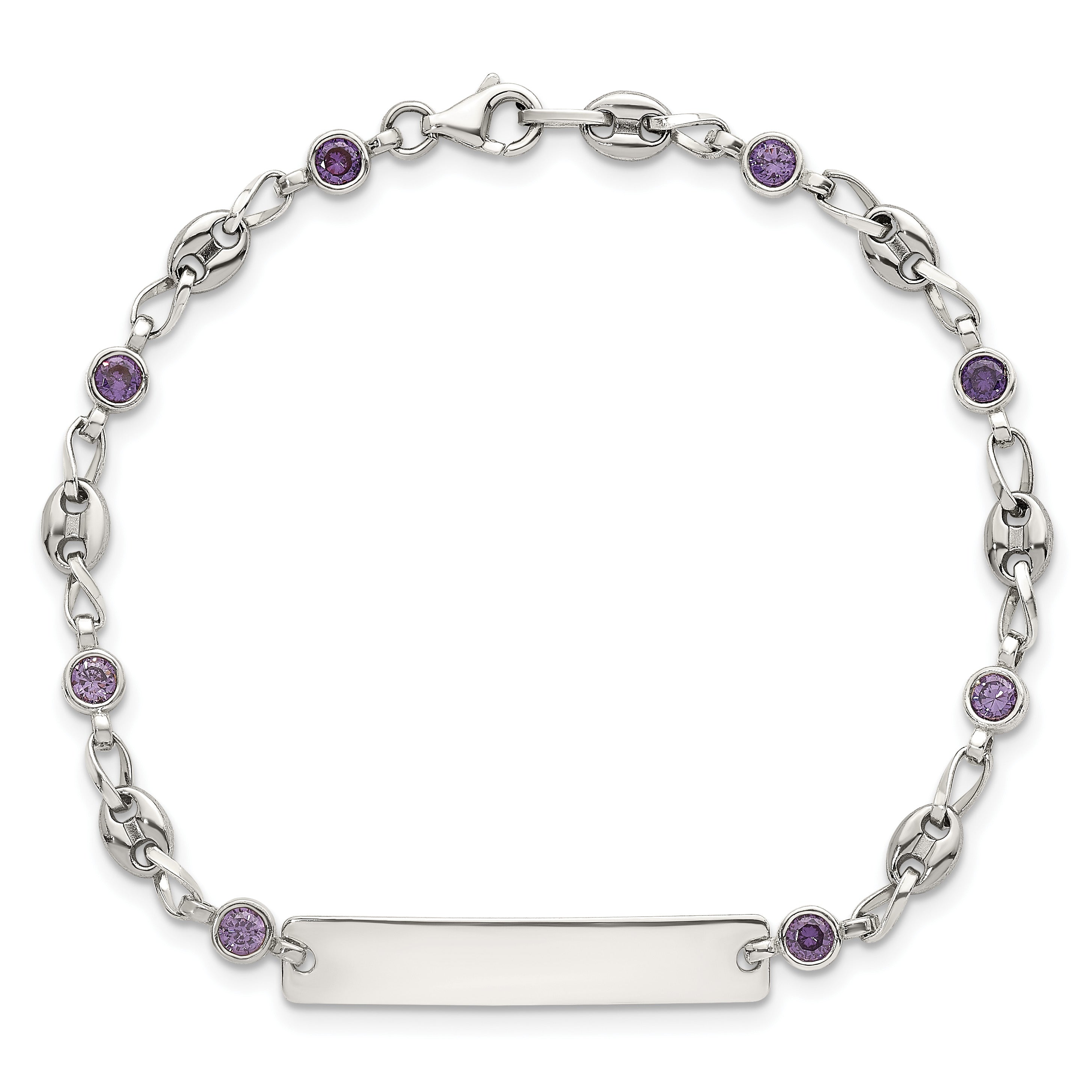 Polished Purple Cubic Zirconia Anchor Stainless Steel ID Bracelet 4.35mm