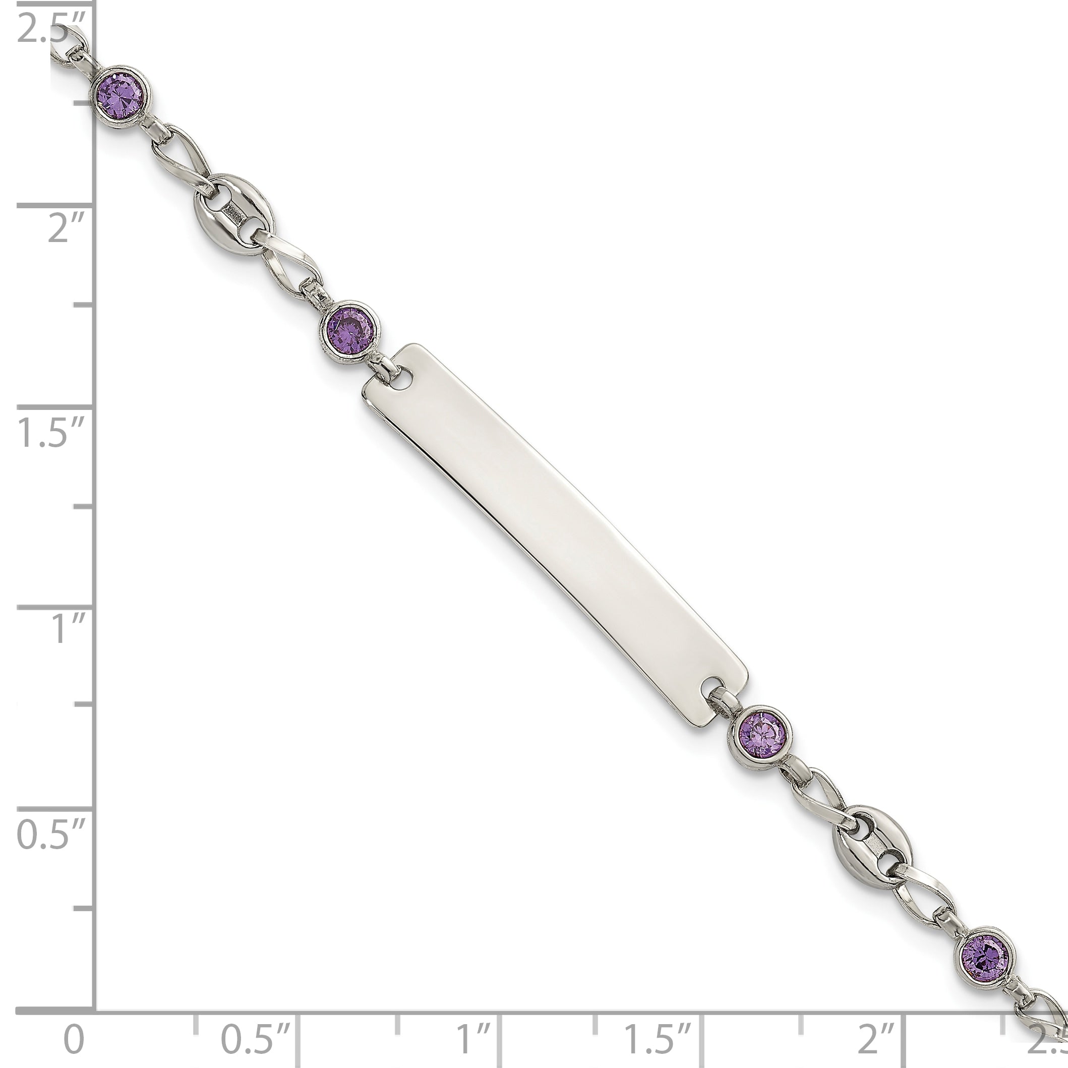 Polished Purple Cubic Zirconia Anchor Stainless Steel ID Bracelet 4.35mm
