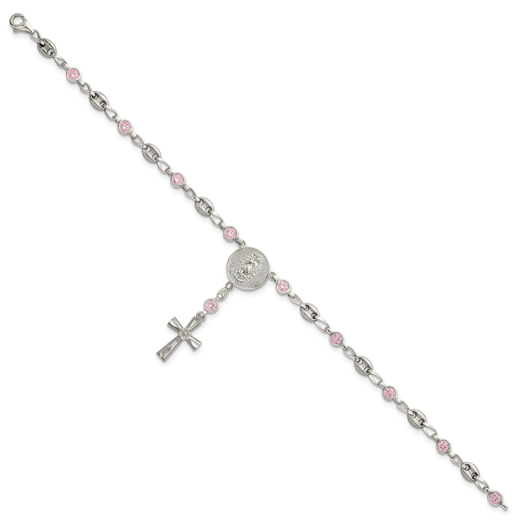 Polished Pink Cubic Zirconia Stainless Steel Bracelet 4.35mm