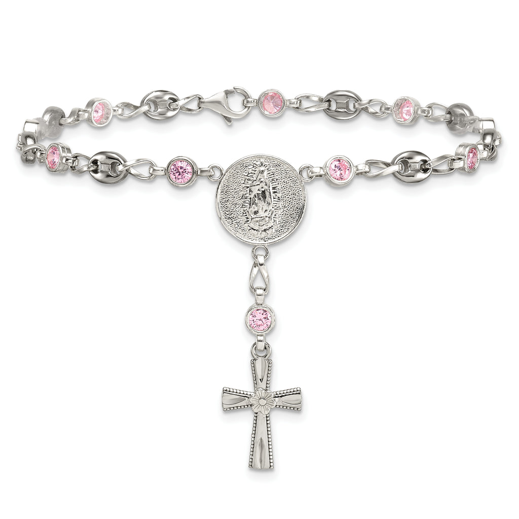 Polished Pink Cubic Zirconia Stainless Steel Bracelet 4.35mm