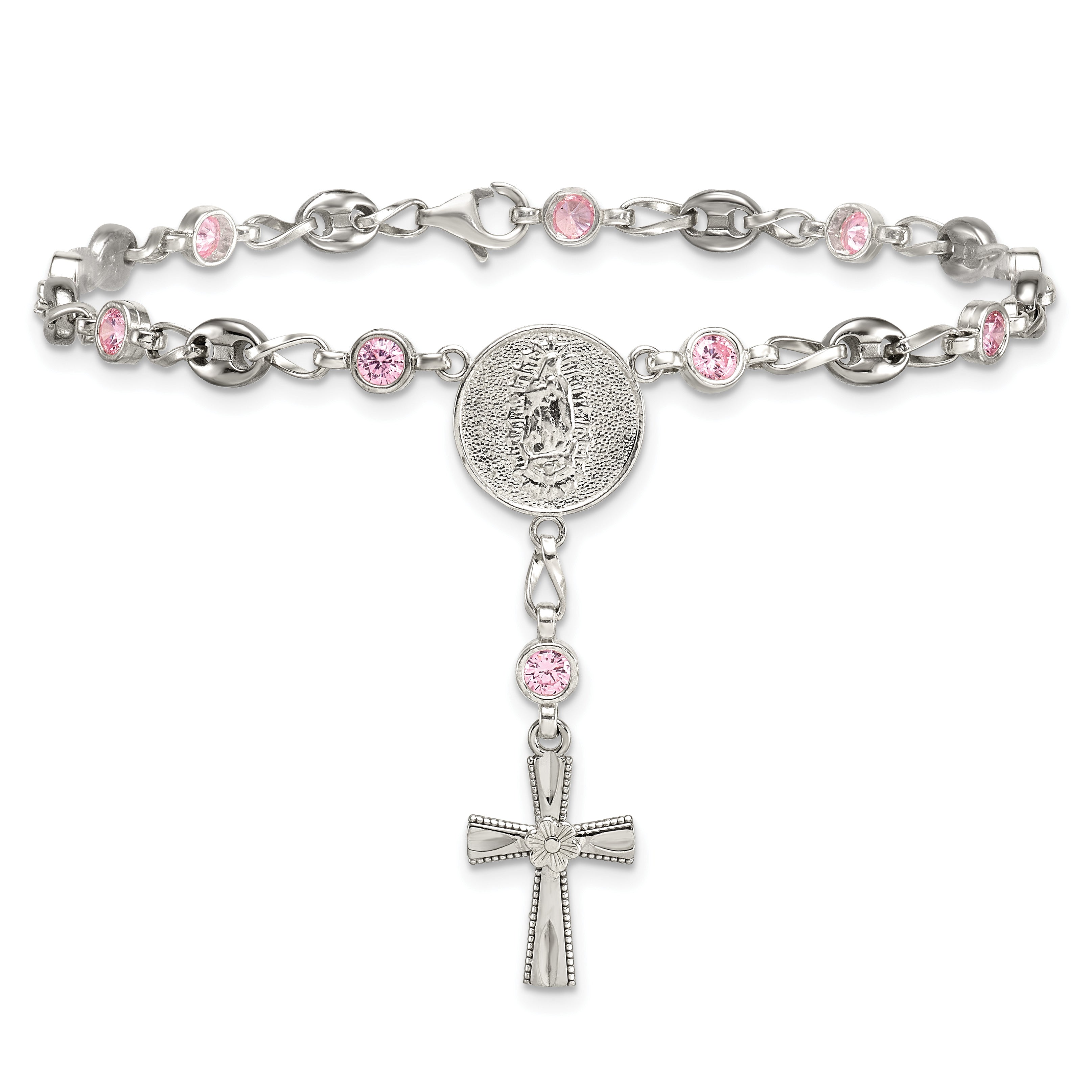 Polished Pink Cubic Zirconia Stainless Steel Bracelet 4.35mm