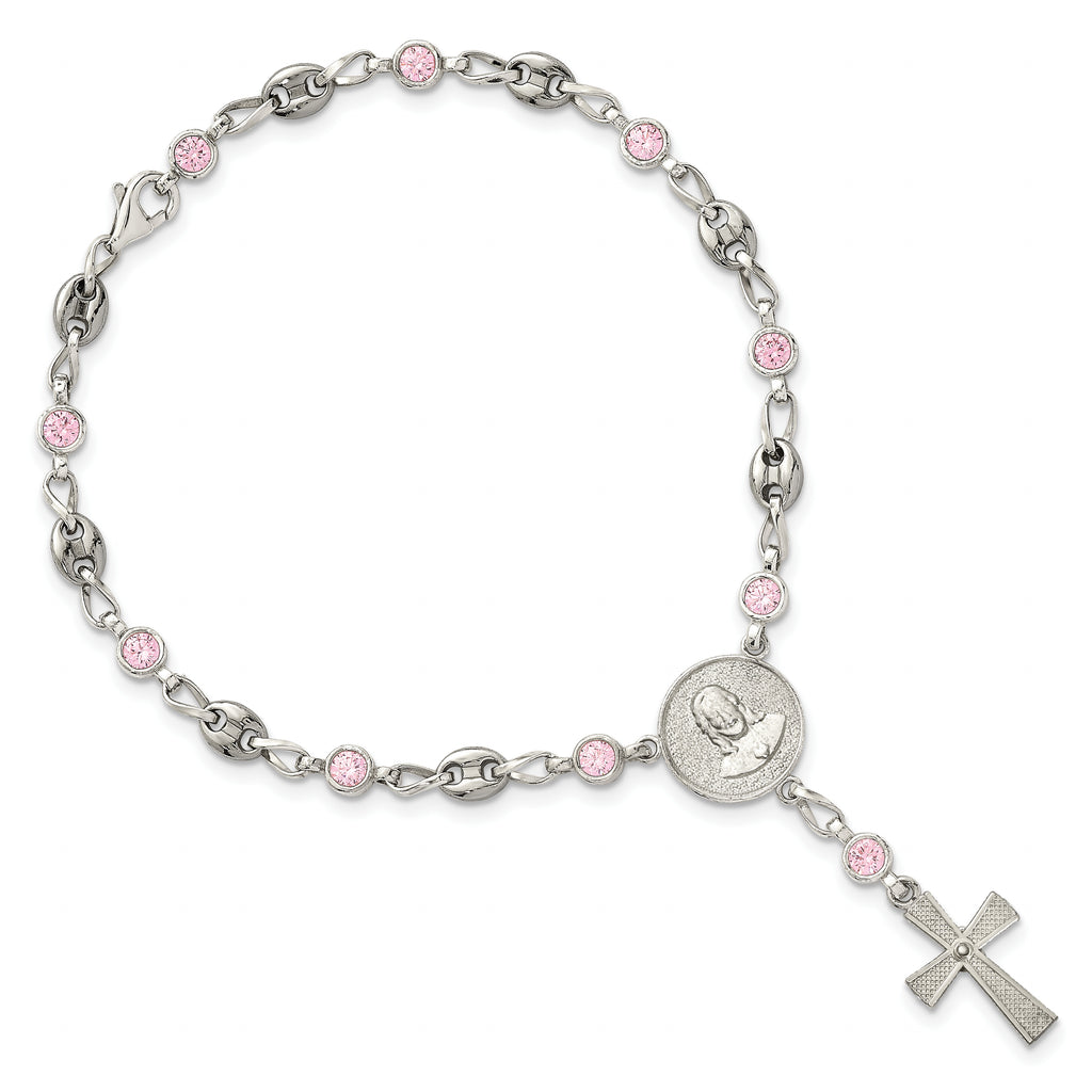 Polished Pink Cubic Zirconia Stainless Steel Bracelet 4.35mm