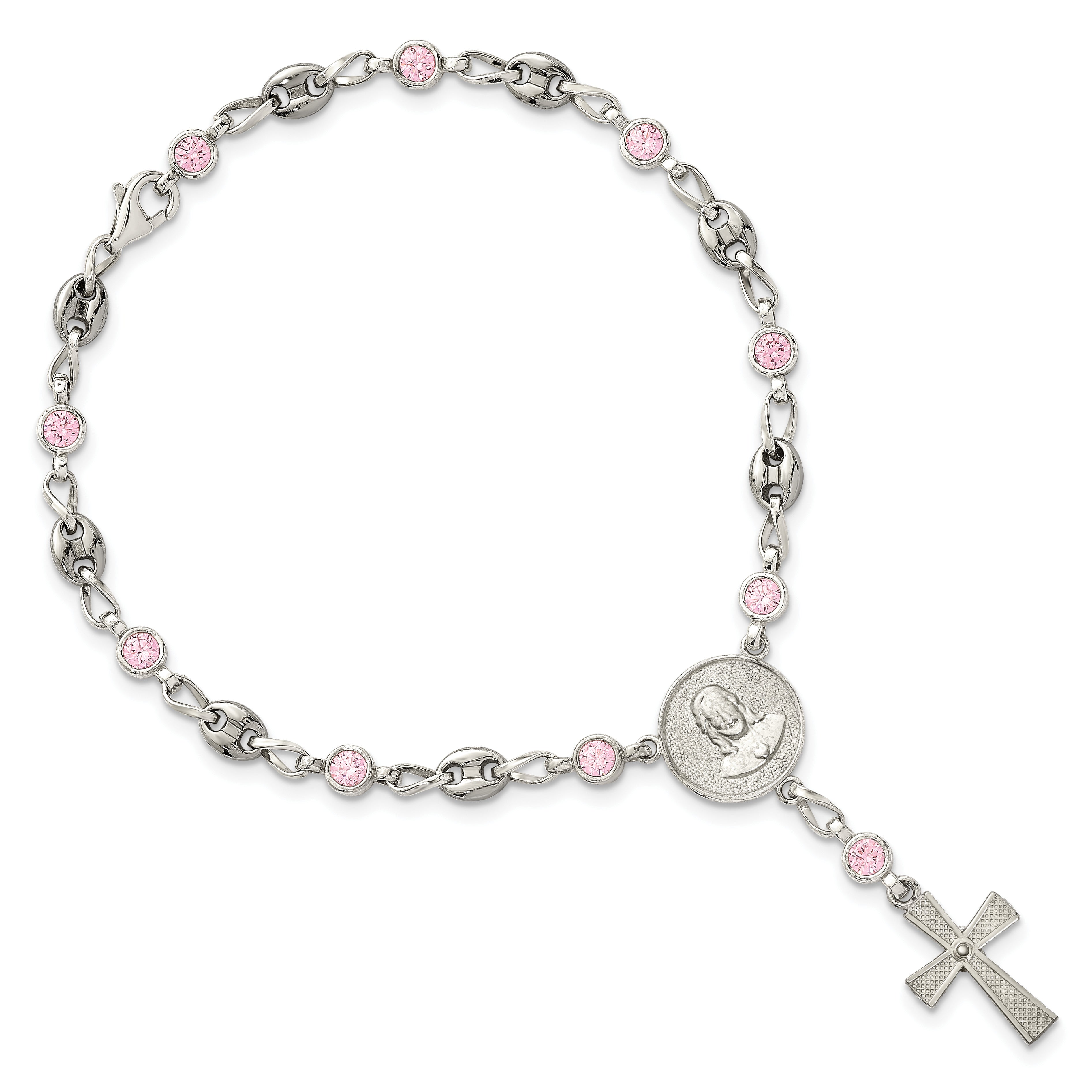 Polished Pink Cubic Zirconia Stainless Steel Bracelet 4.35mm