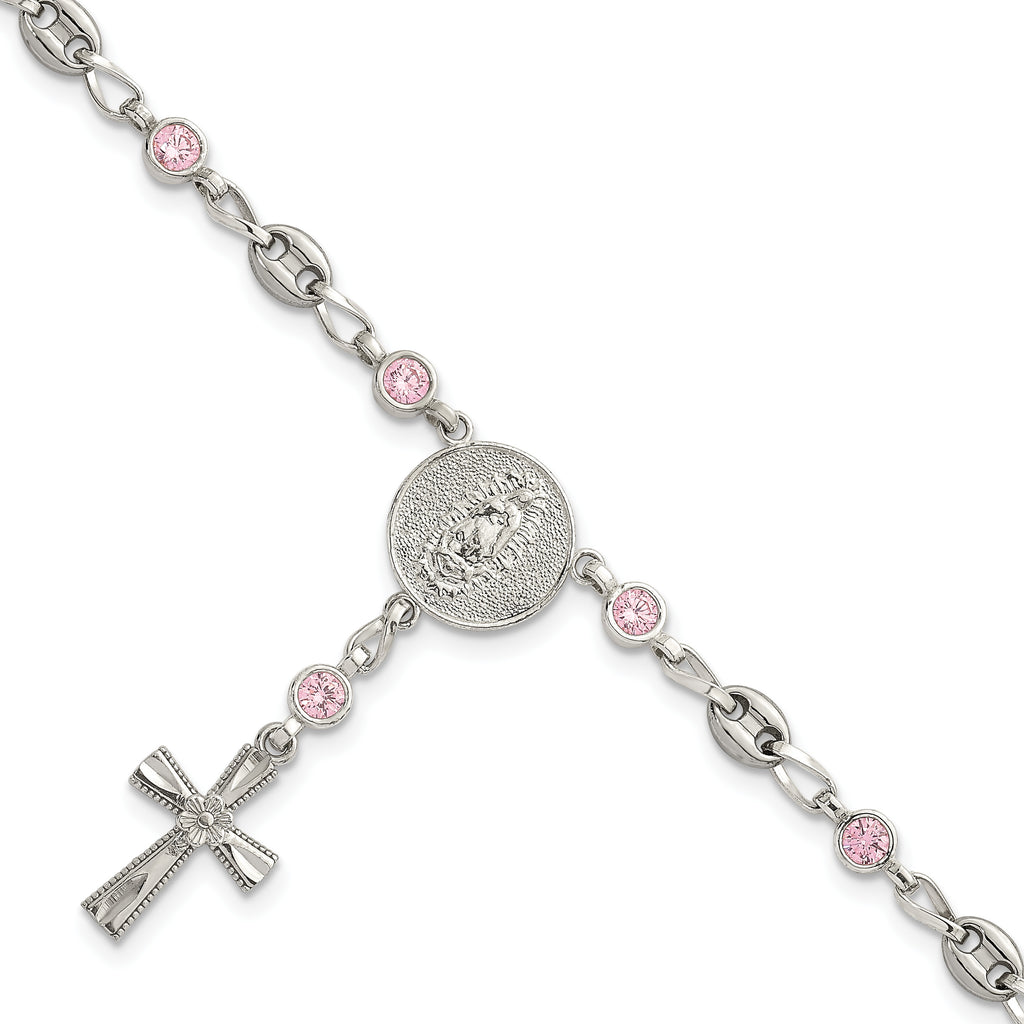 Polished Pink Cubic Zirconia Stainless Steel Bracelet 4.35mm