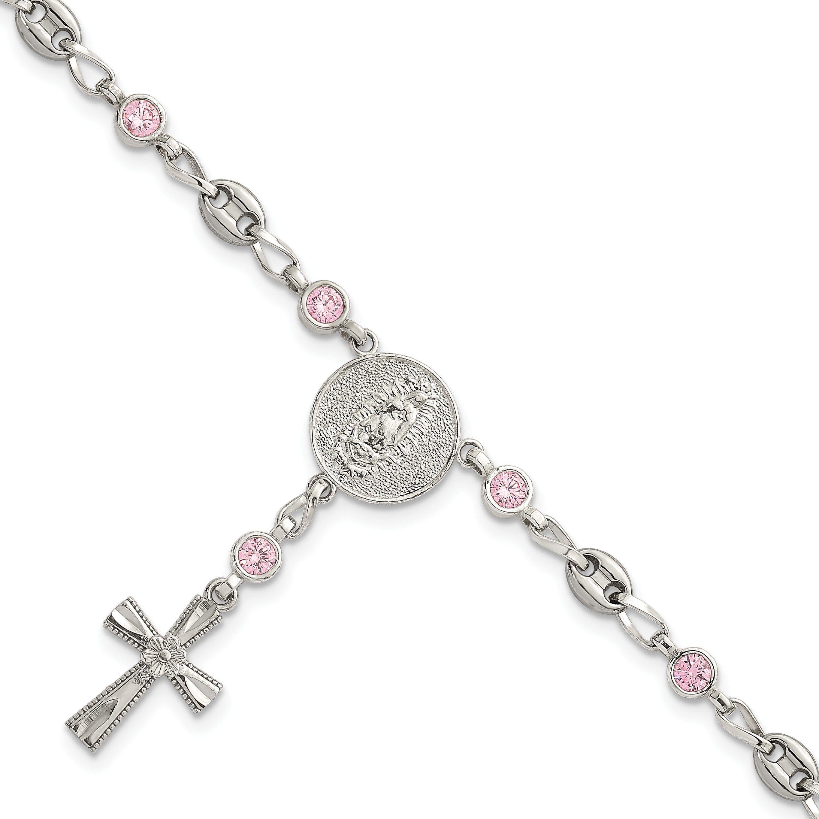 Polished Pink Cubic Zirconia Stainless Steel Bracelet 4.35mm