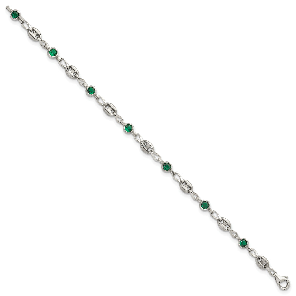 Polished Green Cubic Zirconia Anchor Stainless Steel Bracelet 4.35mm