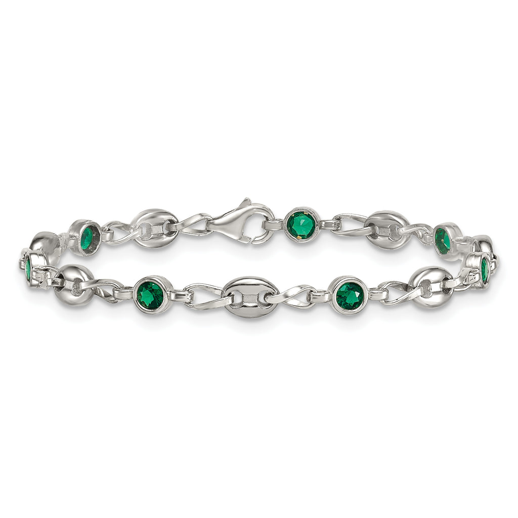 Polished Green Cubic Zirconia Anchor Stainless Steel Bracelet 4.35mm