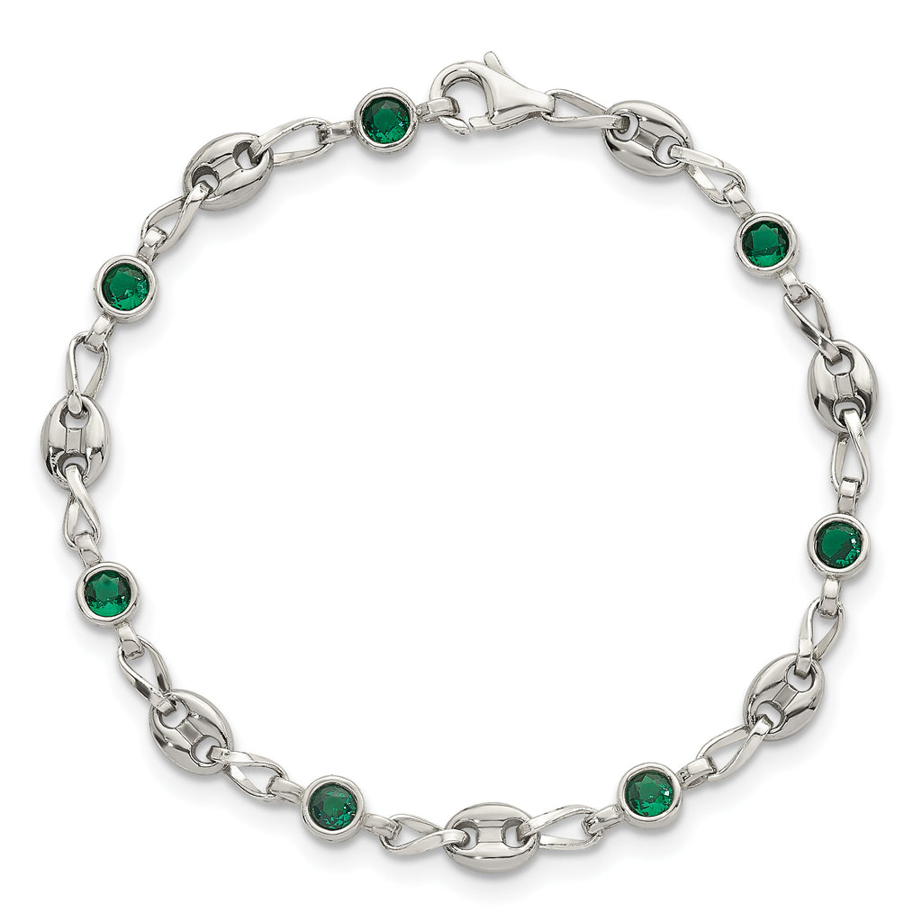 Polished Green Cubic Zirconia Anchor Stainless Steel Bracelet 4.35mm