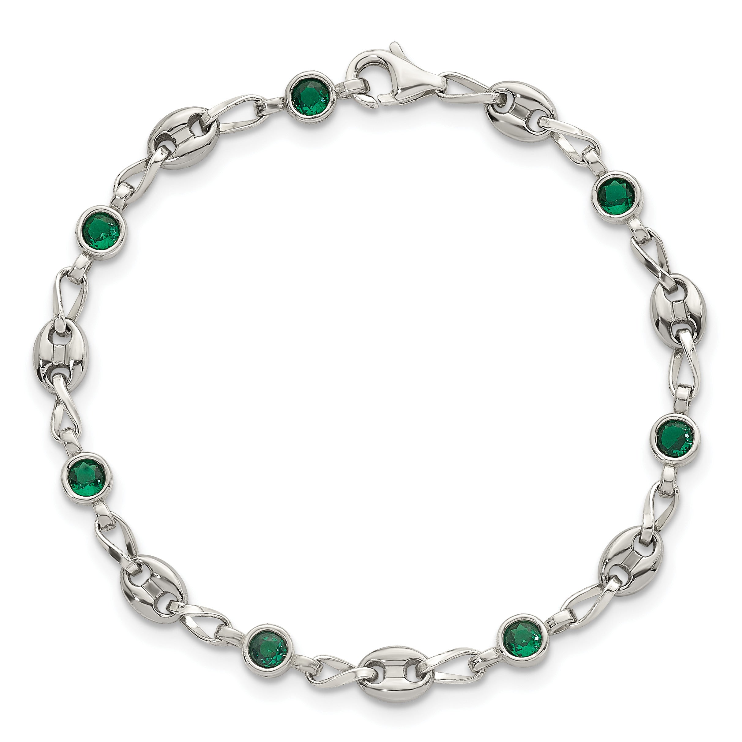 Polished Green Cubic Zirconia Anchor Stainless Steel Bracelet 4.35mm