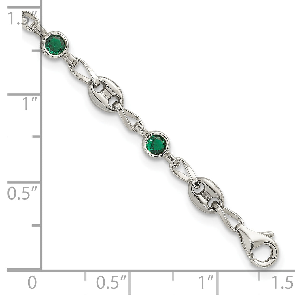 Polished Green Cubic Zirconia Anchor Stainless Steel Bracelet 4.35mm