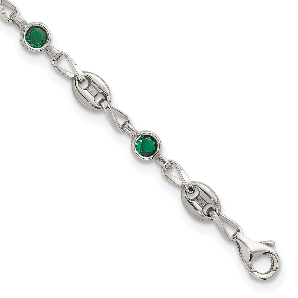 Polished Green Cubic Zirconia Anchor Stainless Steel Bracelet 4.35mm