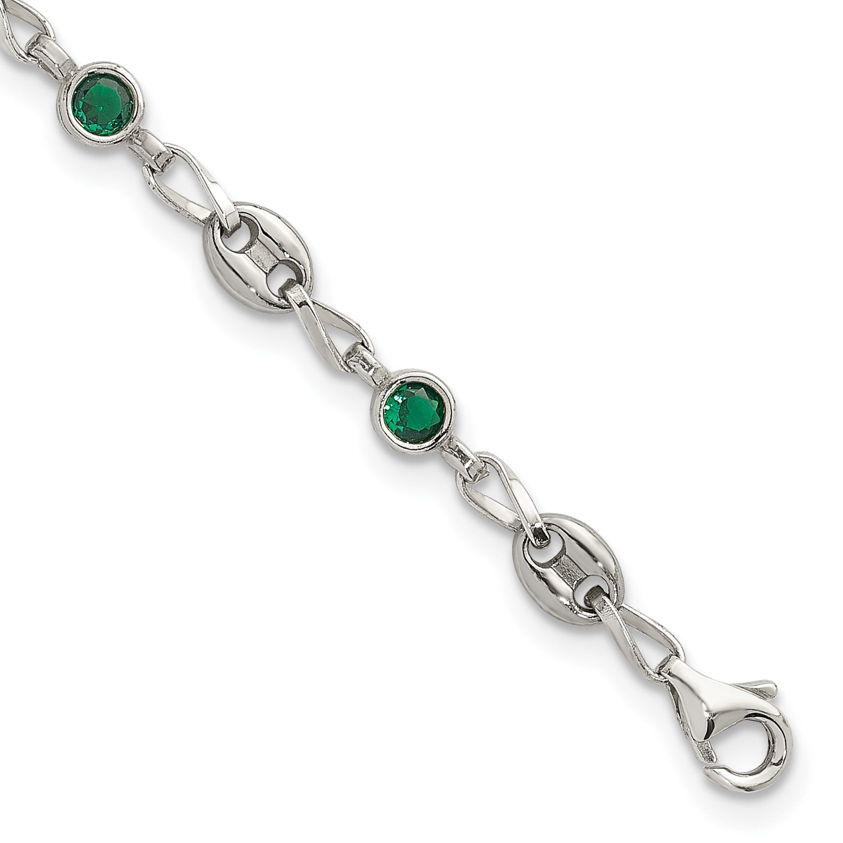 Polished Green Cubic Zirconia Anchor Stainless Steel Bracelet 4.35mm