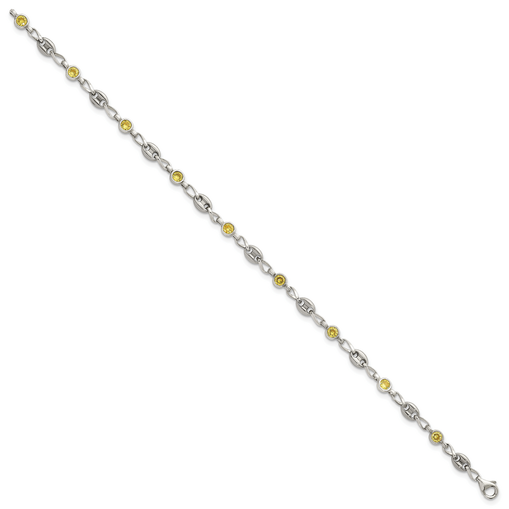 Polished Yellow Cubic Zirconia Anchor Stainless Steel Bracelet 4.35mm