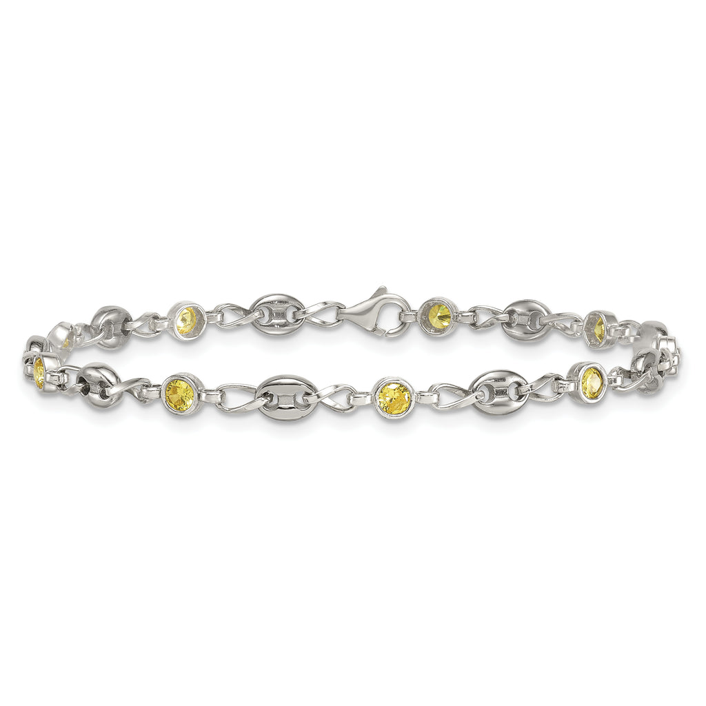 Polished Yellow Cubic Zirconia Anchor Stainless Steel Bracelet 4.35mm