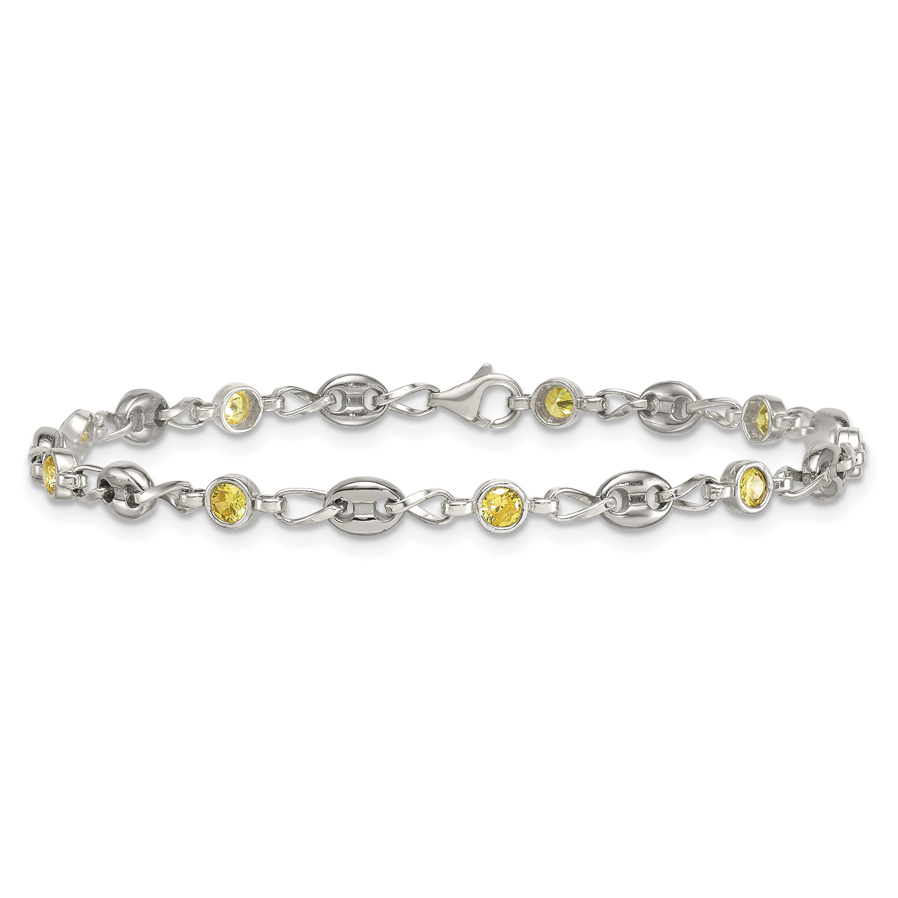 Polished Yellow Cubic Zirconia Anchor Stainless Steel Bracelet 4.35mm