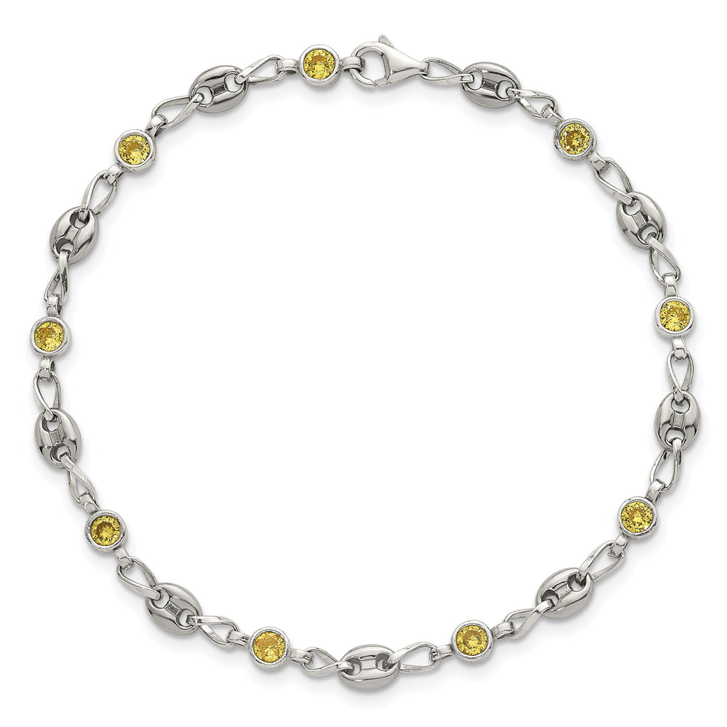 Polished Yellow Cubic Zirconia Anchor Stainless Steel Bracelet 4.35mm
