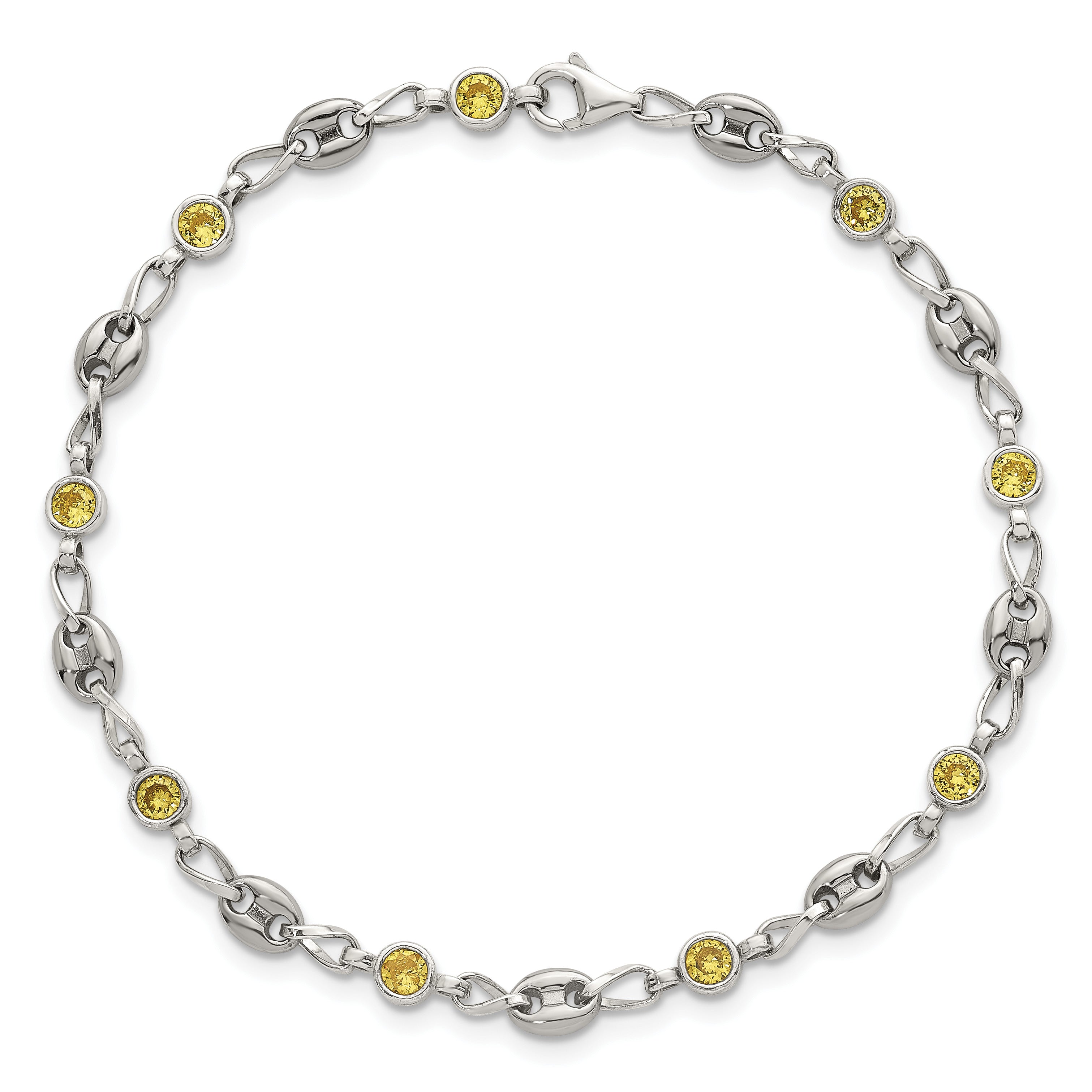 Polished Yellow Cubic Zirconia Anchor Stainless Steel Bracelet 4.35mm