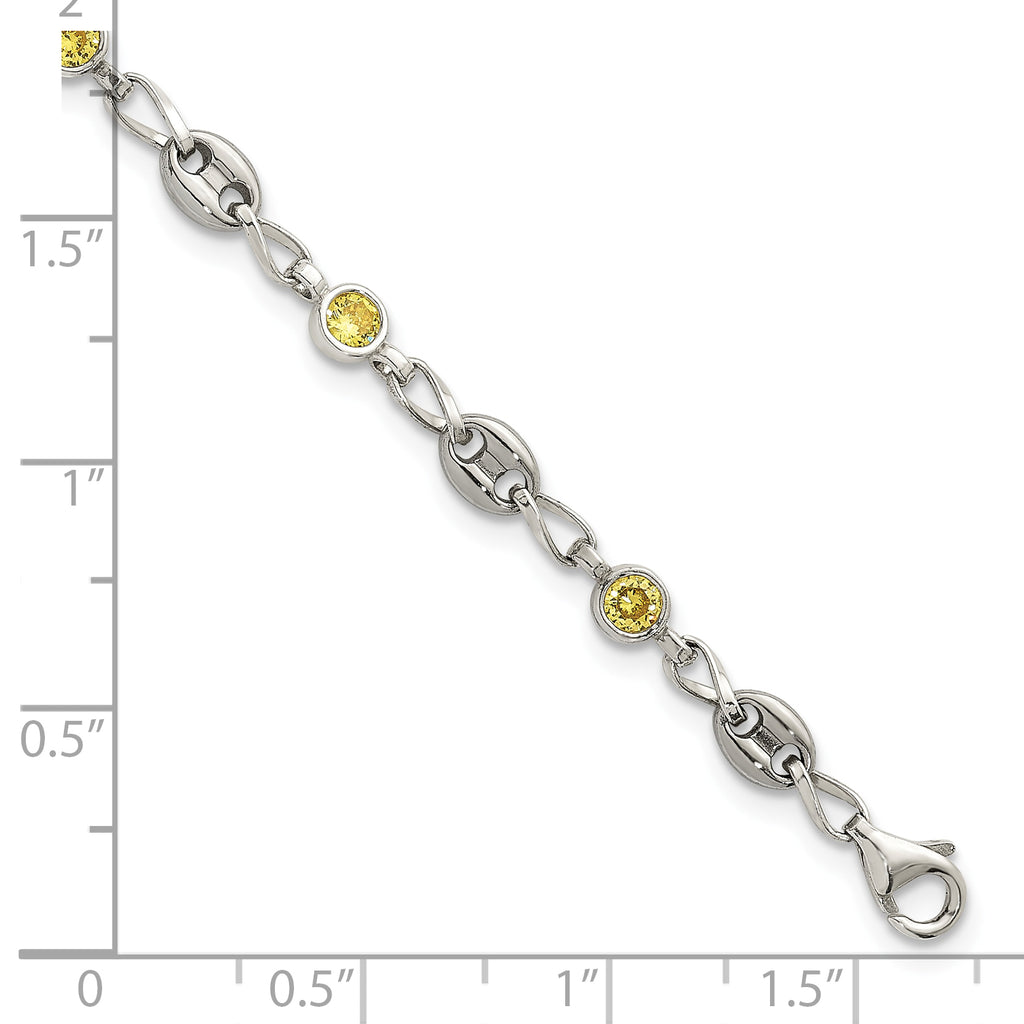 Polished Yellow Cubic Zirconia Anchor Stainless Steel Bracelet 4.35mm