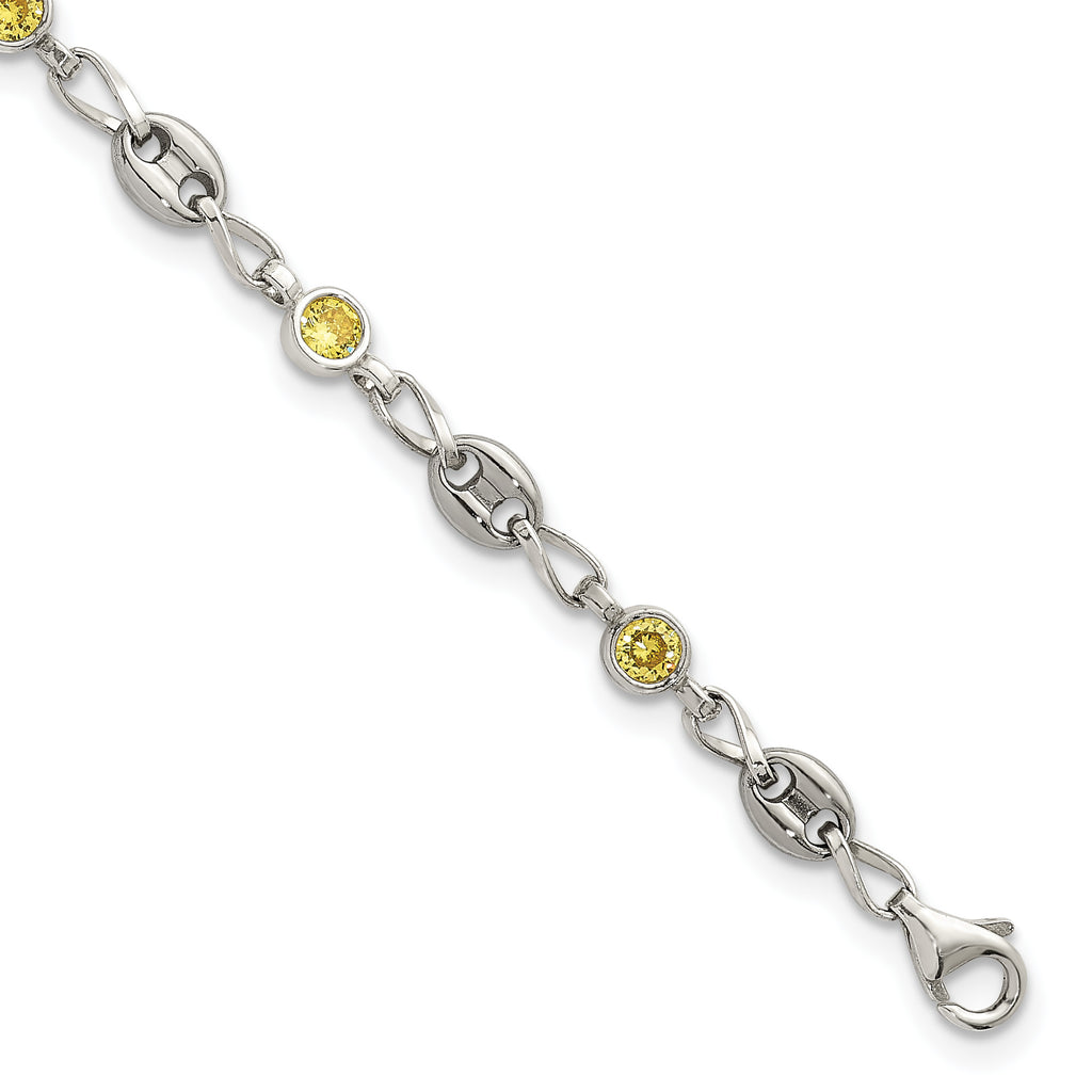 Polished Yellow Cubic Zirconia Anchor Stainless Steel Bracelet 4.35mm