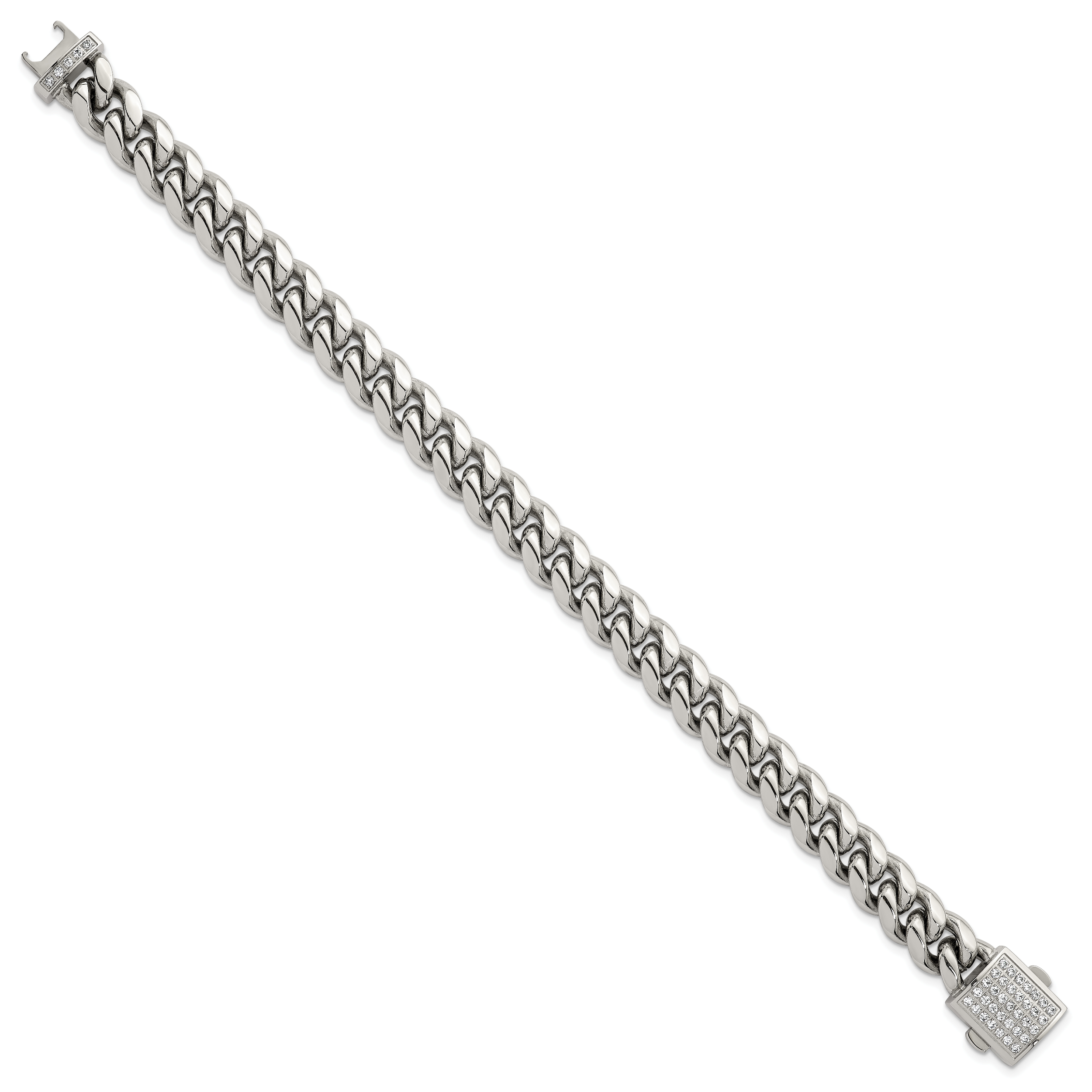Polished Cubic Zirconia Stainless Steel Curb Chain Bracelet 10mm