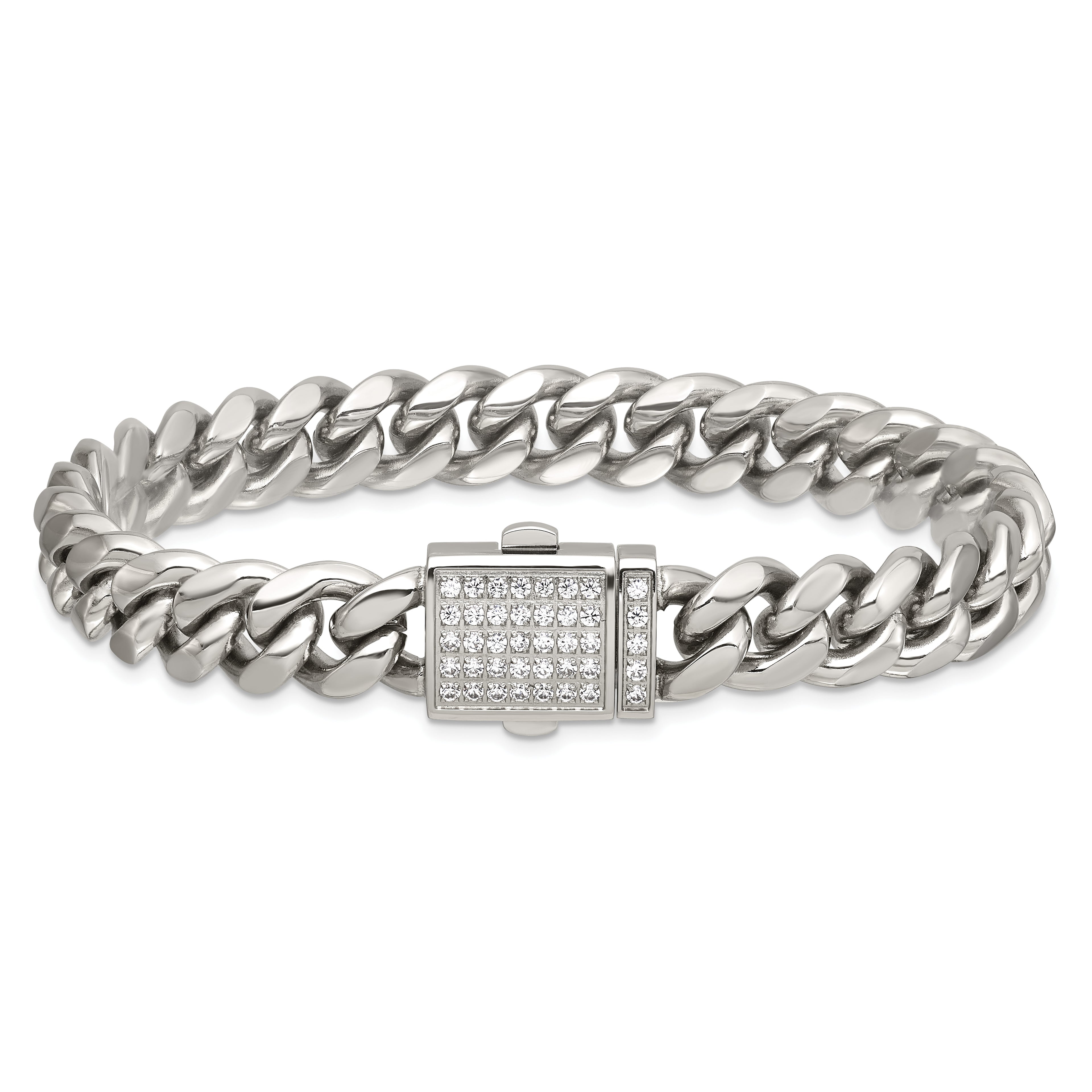 Polished Cubic Zirconia Stainless Steel Curb Chain Bracelet 10mm